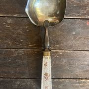 Old Silver-Plated Metal Serving Spoon + Porcelain Handle