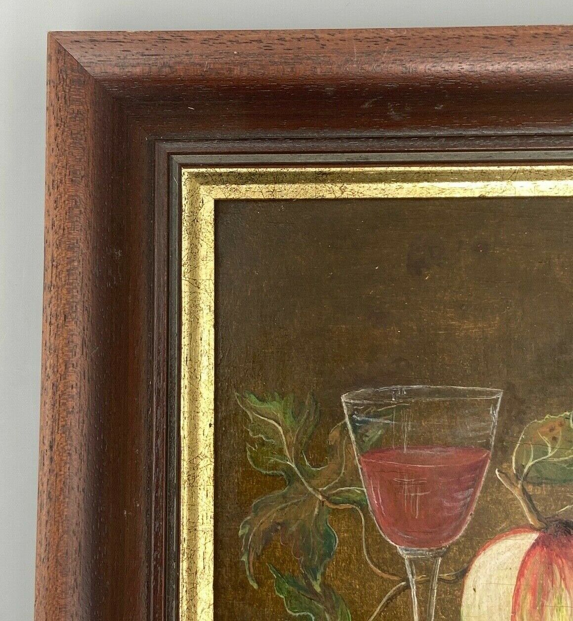 Oil panel monogram eg to identify still life fruits glass wine