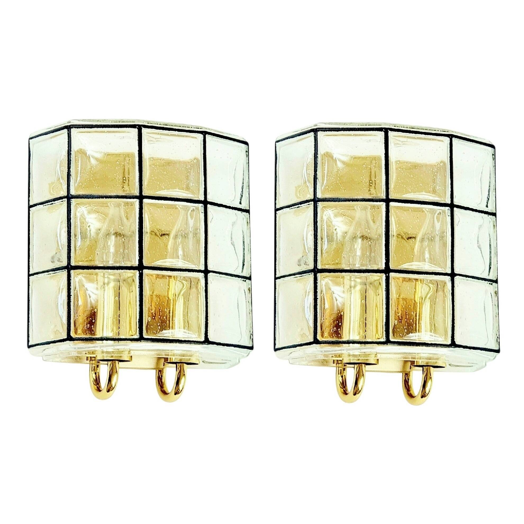 Pair of Mid-Century Glass & Brass Wall Lights from Limburg, Germany, 1960s