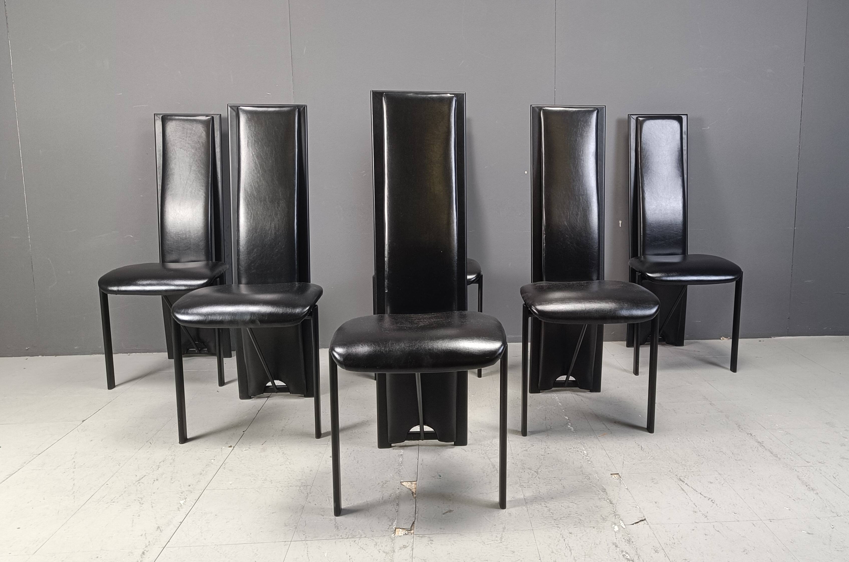 Chaises de salle à manger hautes en cuir noir vintage, lot de 6, années 1980