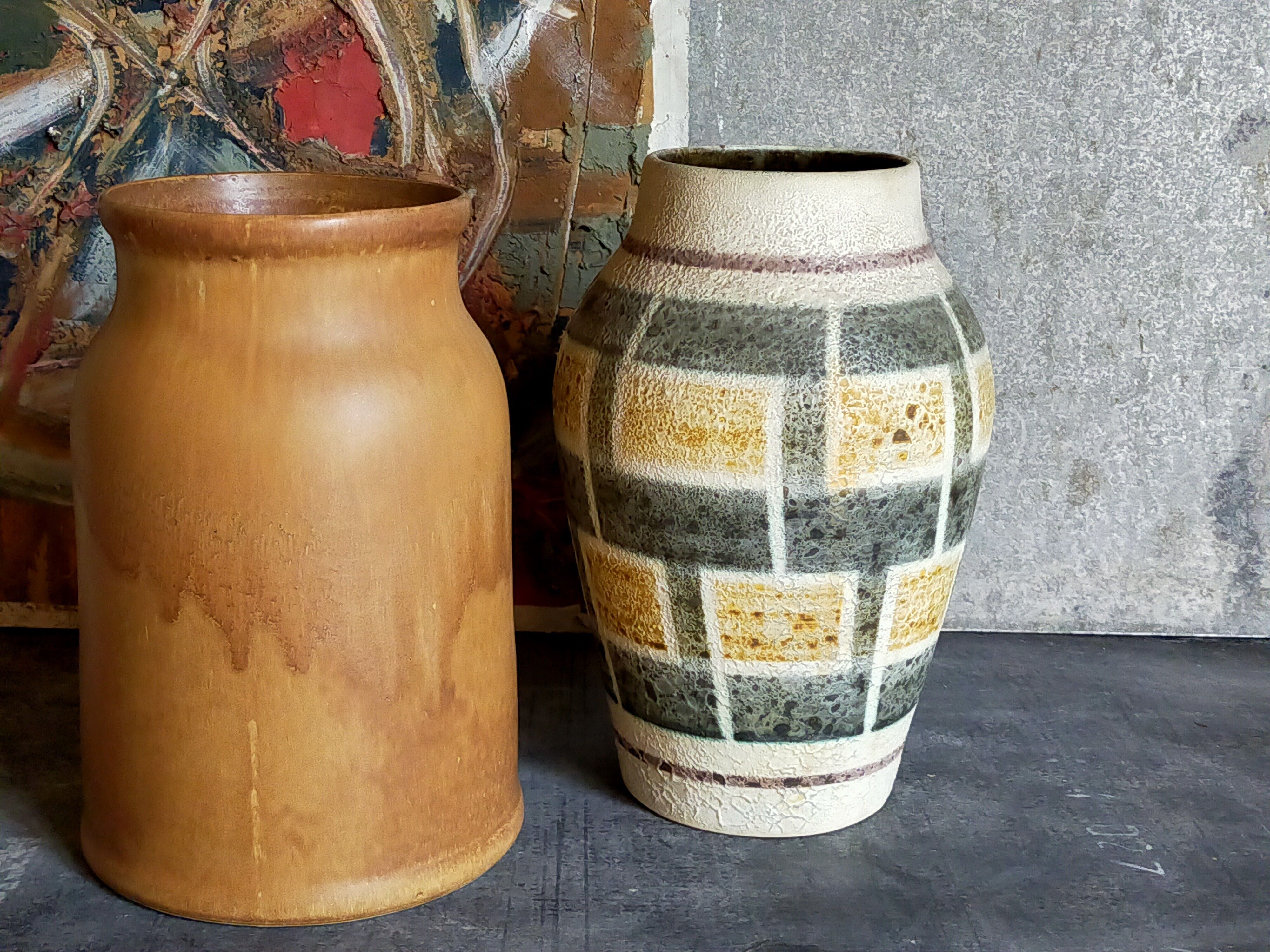 Vintage French enamelled straight sandstone vase