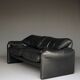 Two seater Maralunga Sofa in Black Leather for Cassina. 1970s