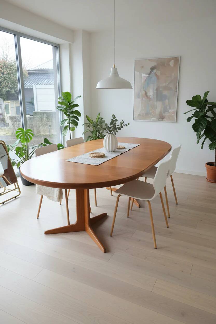 Extendable teak round table – vintage Scandinavian design – Ø120 cm + 2 extensions