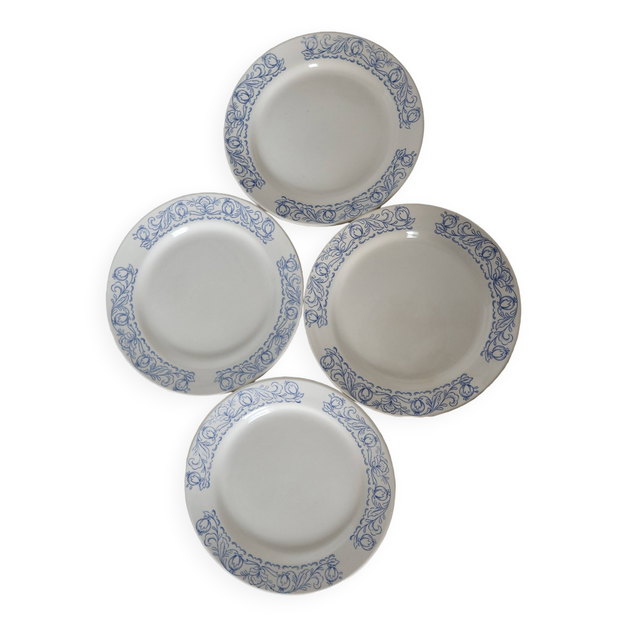 4 vintage porcelain dessert plates with blue border