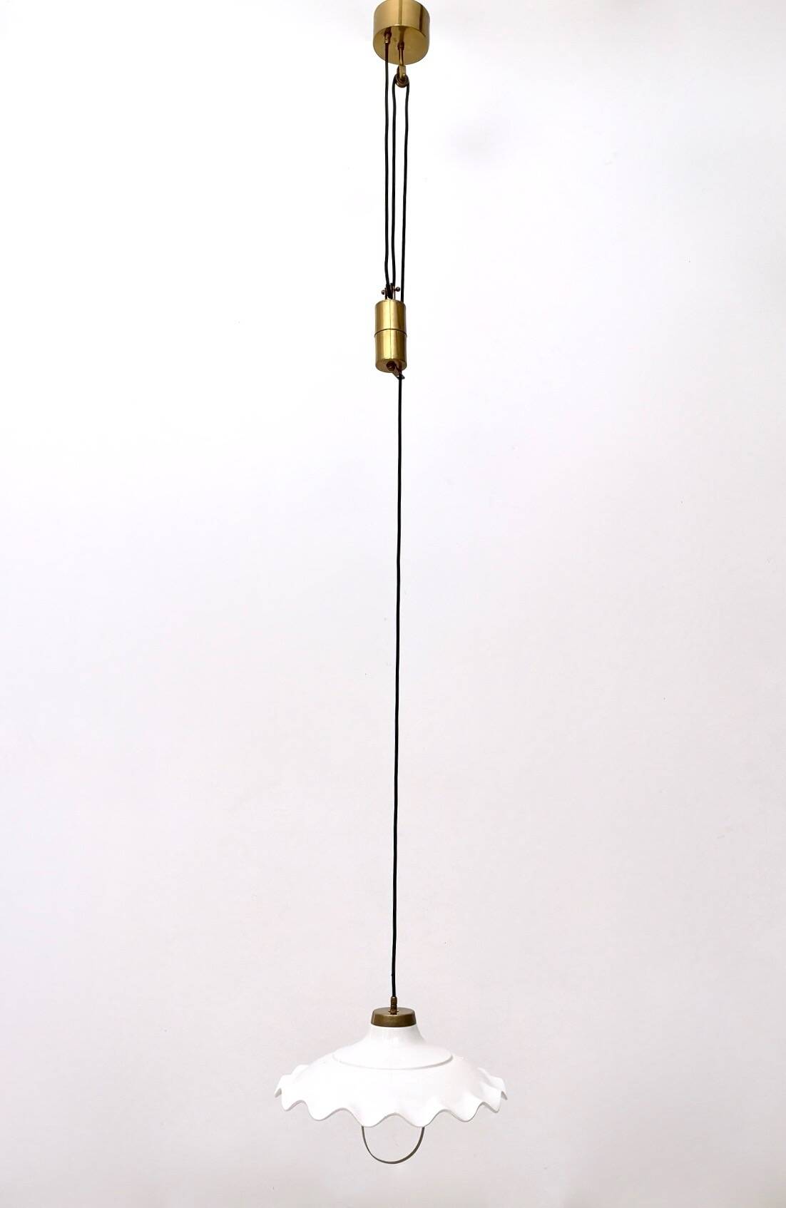 White Ceramic and Brass Adjustable Pendant Lamp, Italy