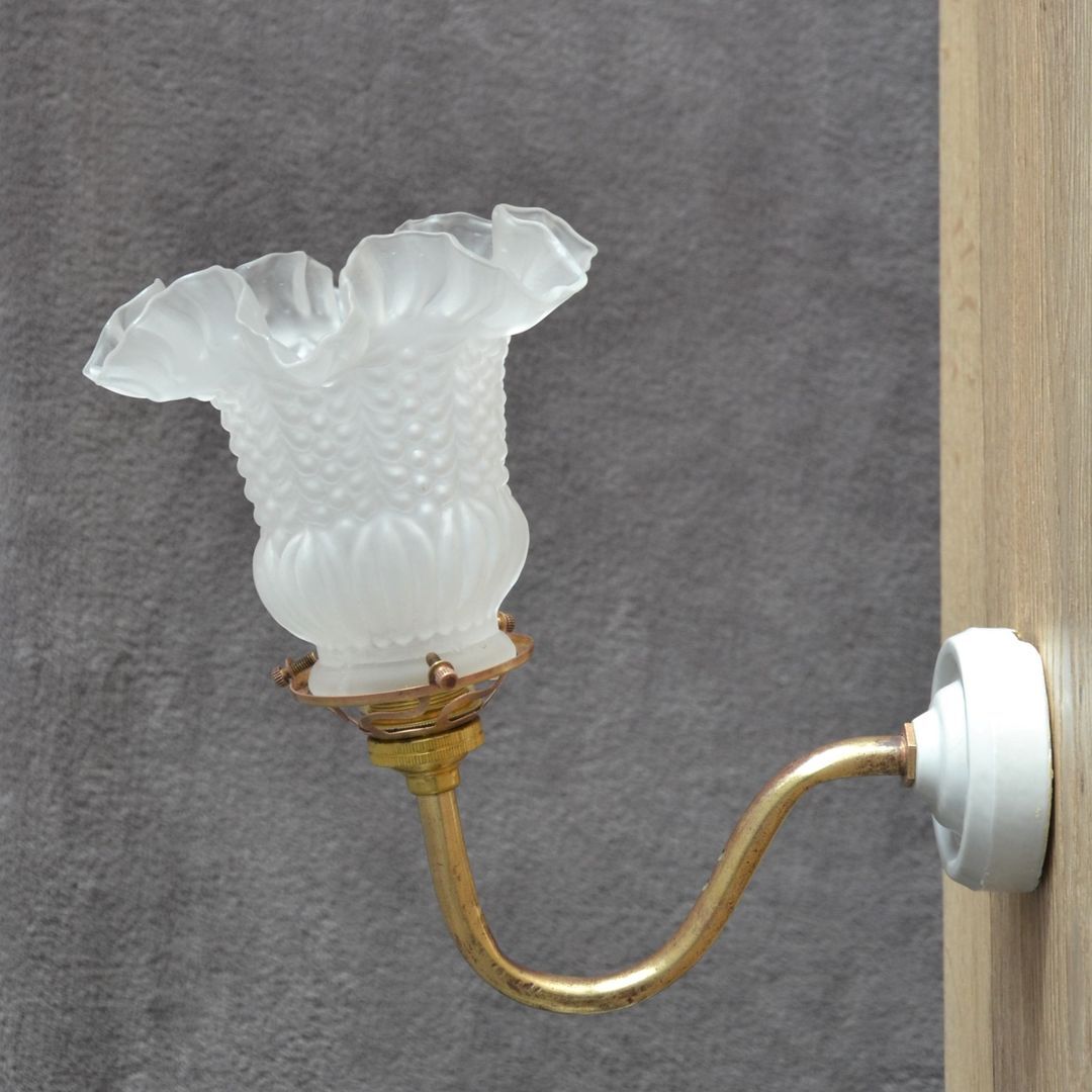 Wall lamp with glass tulip lampshade, brass swan collar holder and porcelain