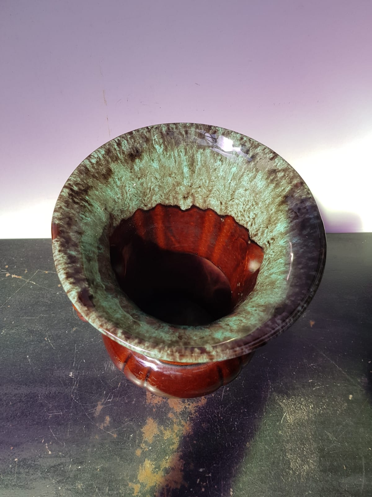 Former Vase ADP Enamelled Ceramics Brown Blue Green Frames - Vintage Anses