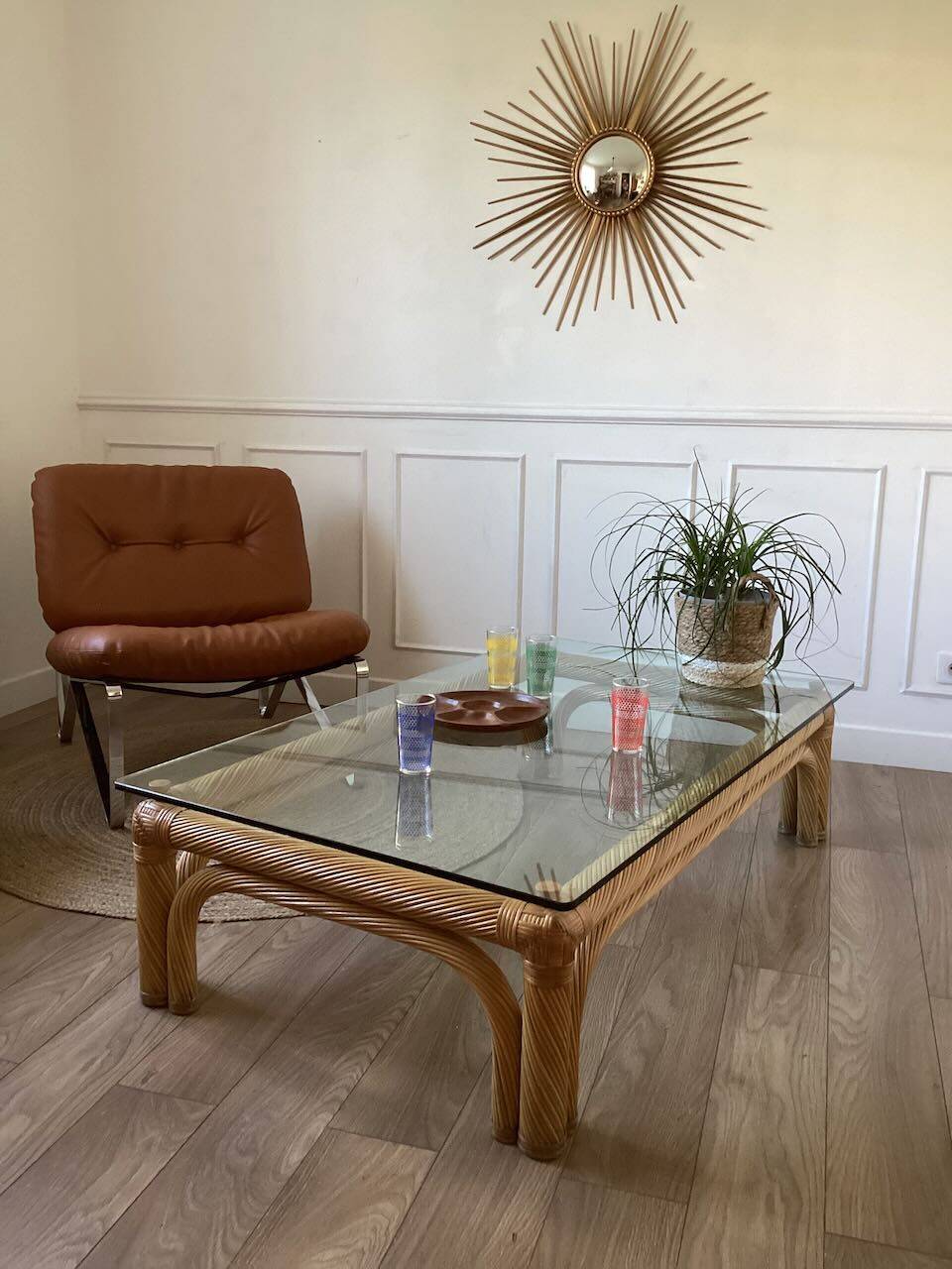 Large rattan and glass coffee table