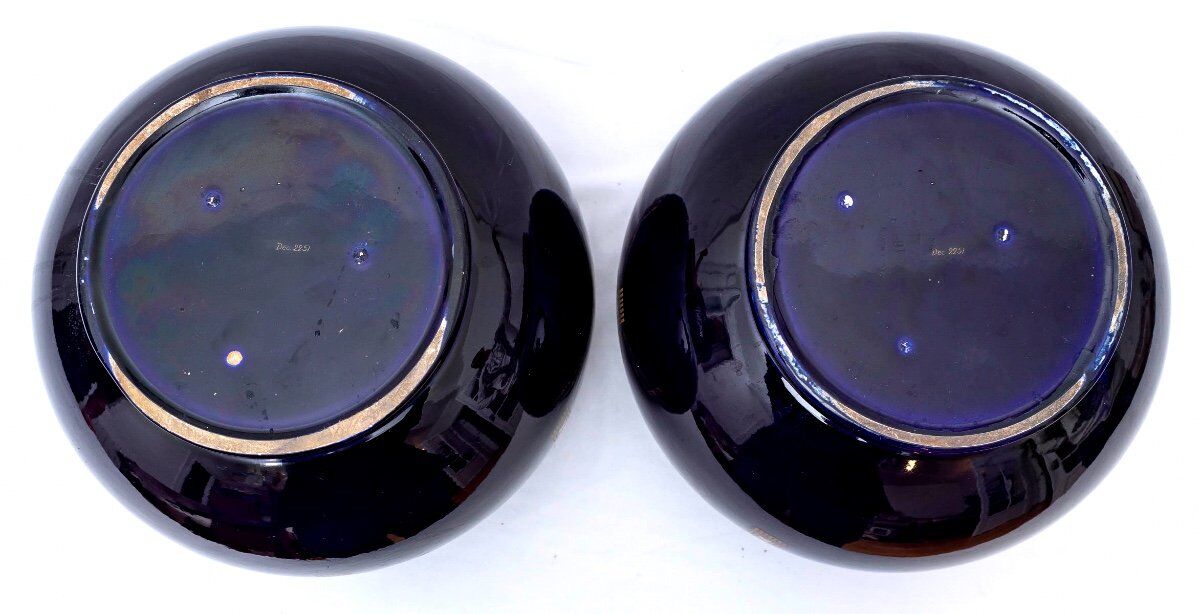 Pair of pot covers - signed and numbered sarreguemines - dark cobalt blue - xixth