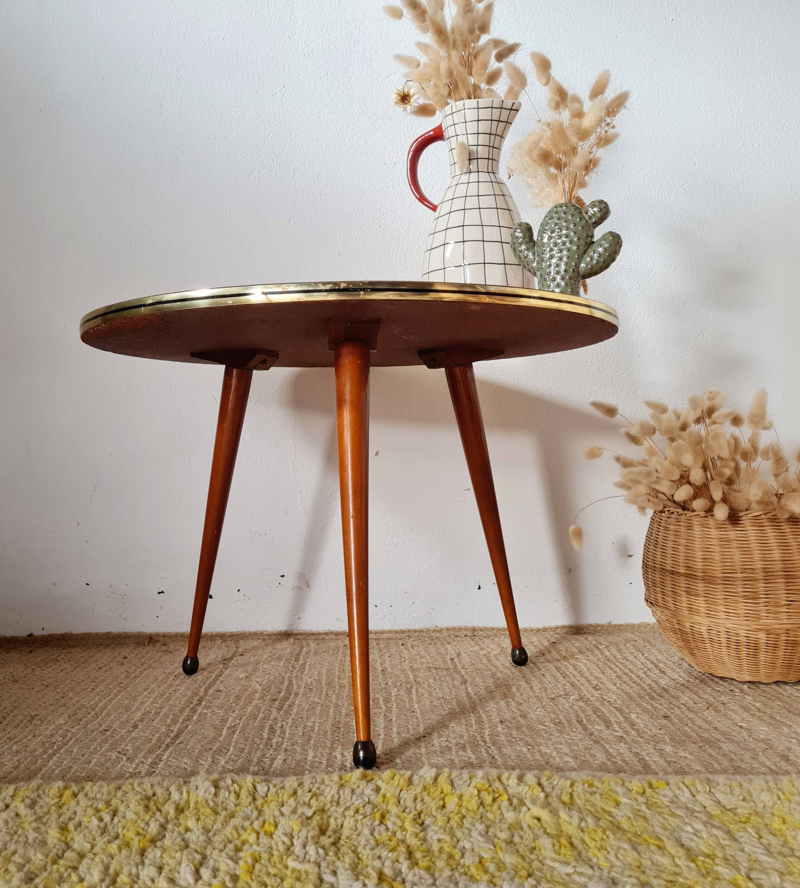 Vintage tripod side table, marquetry diamond-pattern top.