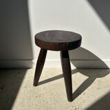 Tripod stool in upcycled teak with flat top - Small tripod stool in solid brown wood with circu seat