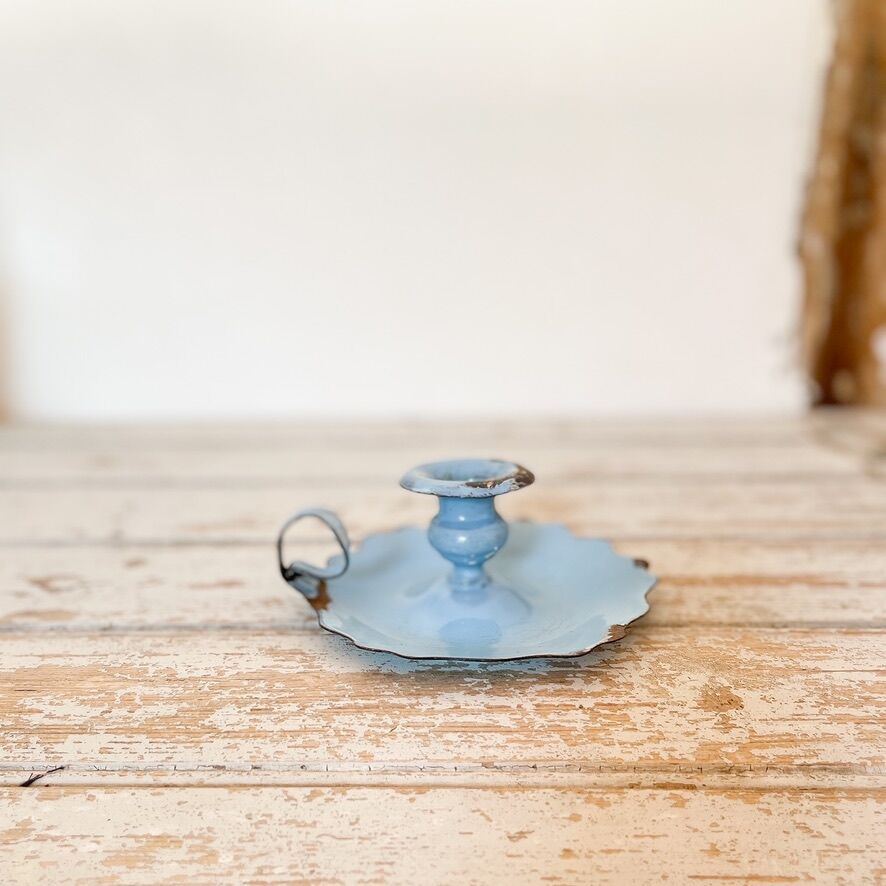 Blue enameled sheet metal candle holder