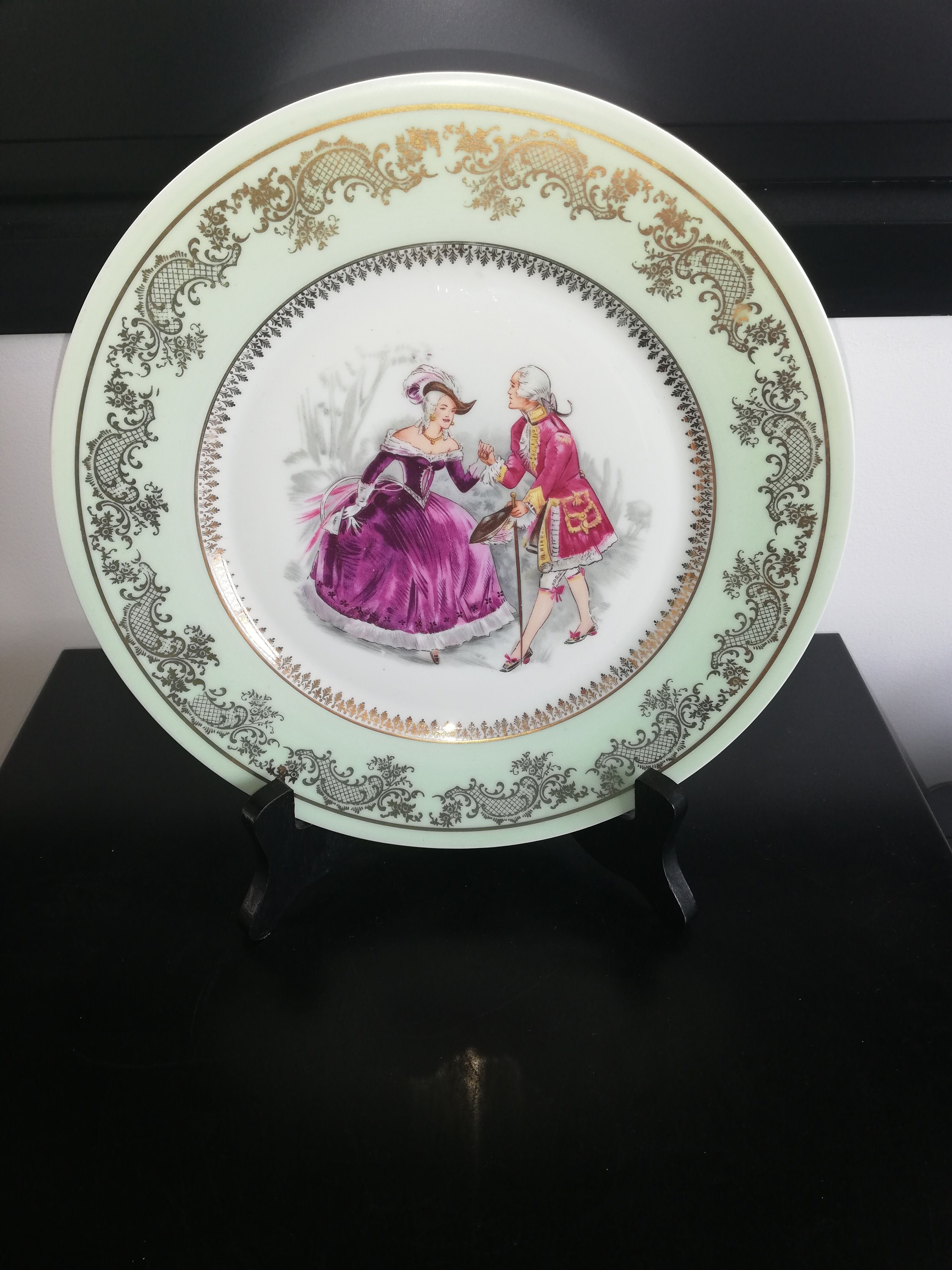 Pale green plate gallant scene Limoges