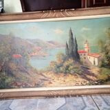 Tableau huile sur toile représentant un bord de mer et ses bateaux