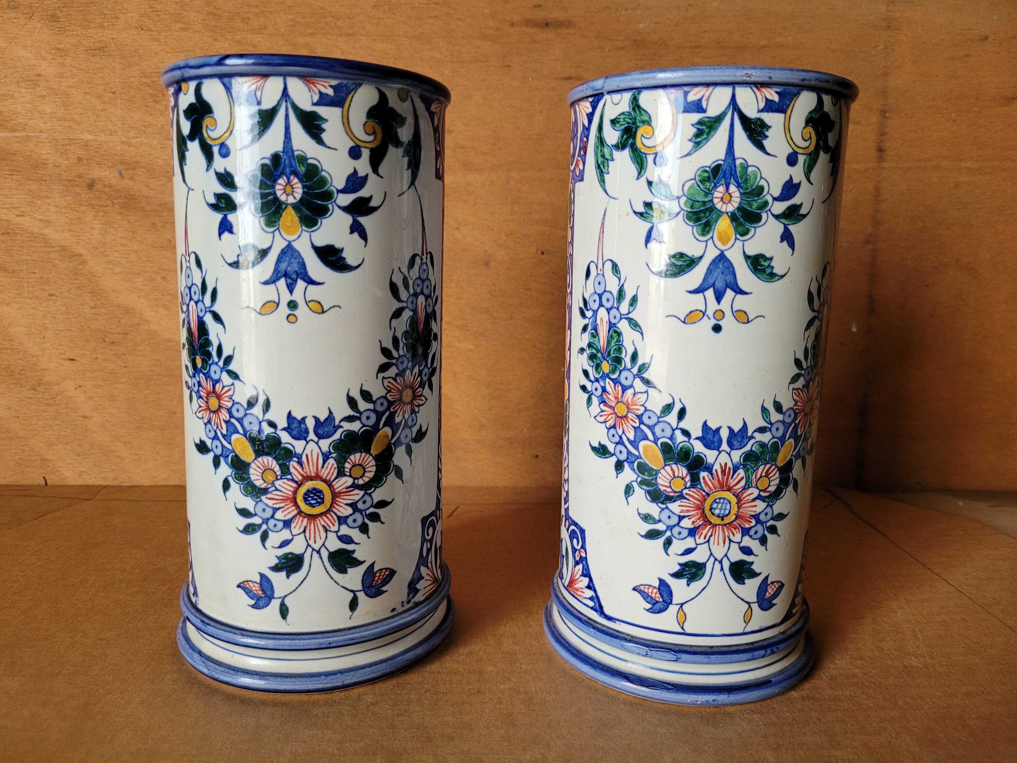 Pair of Gien earthenware roller vases with Rouen decoration