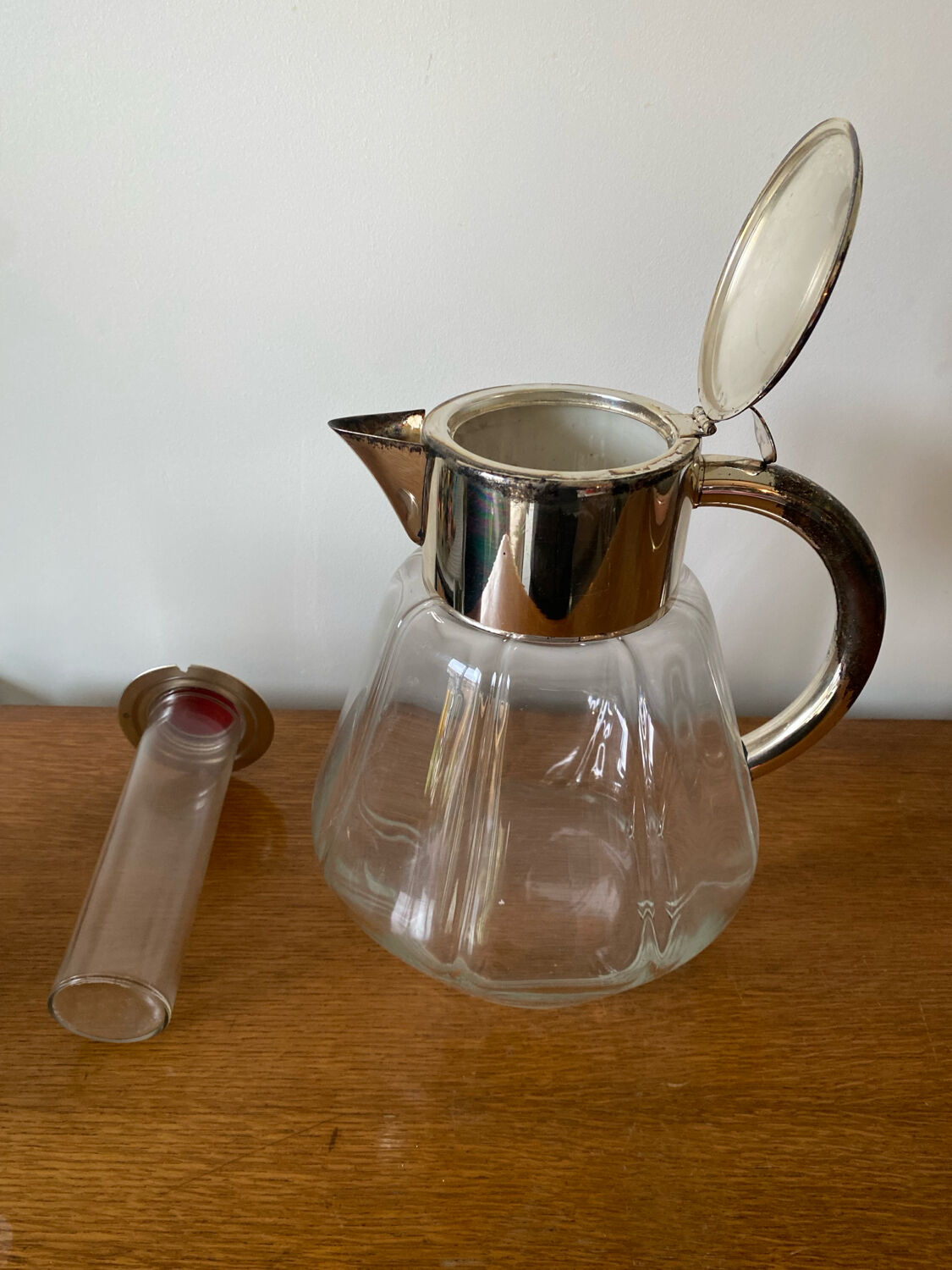Old Refreshing Carafe + Ice Tube Moulded Glass + Silver Metal