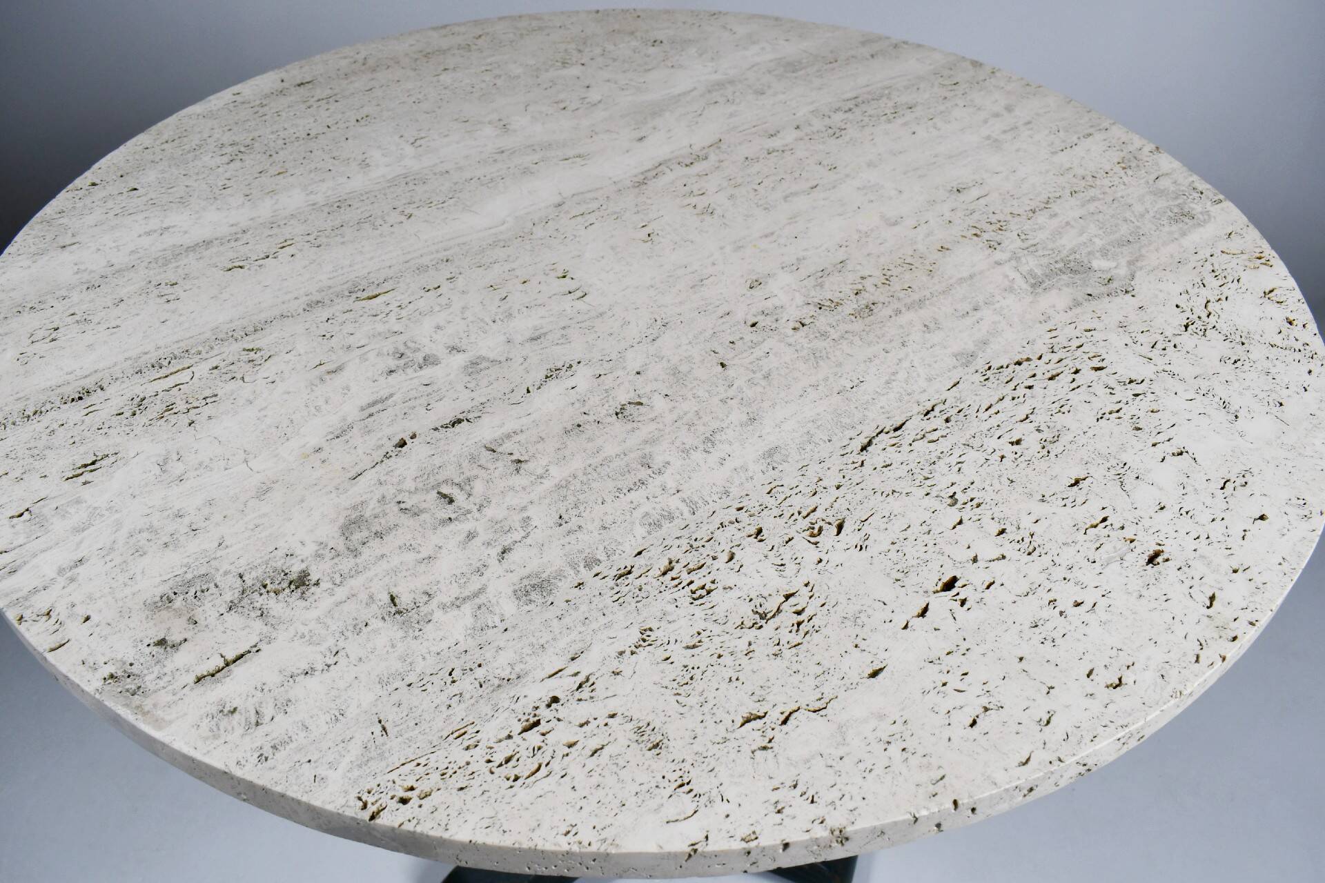 Vintage travertine bistro/dining table, solid metal base. (A)