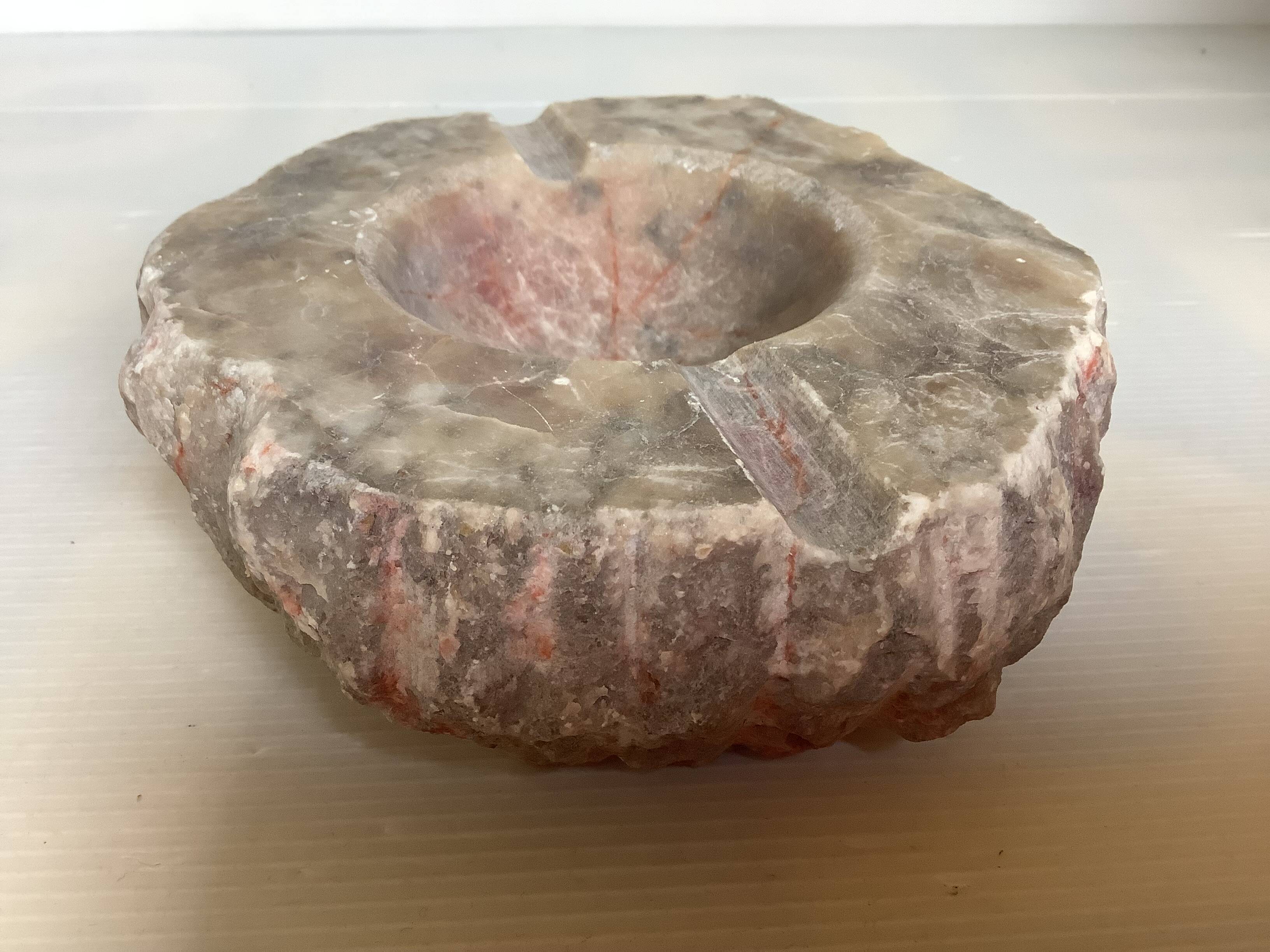 Large ashtray, red veined alabaster pocket tray.