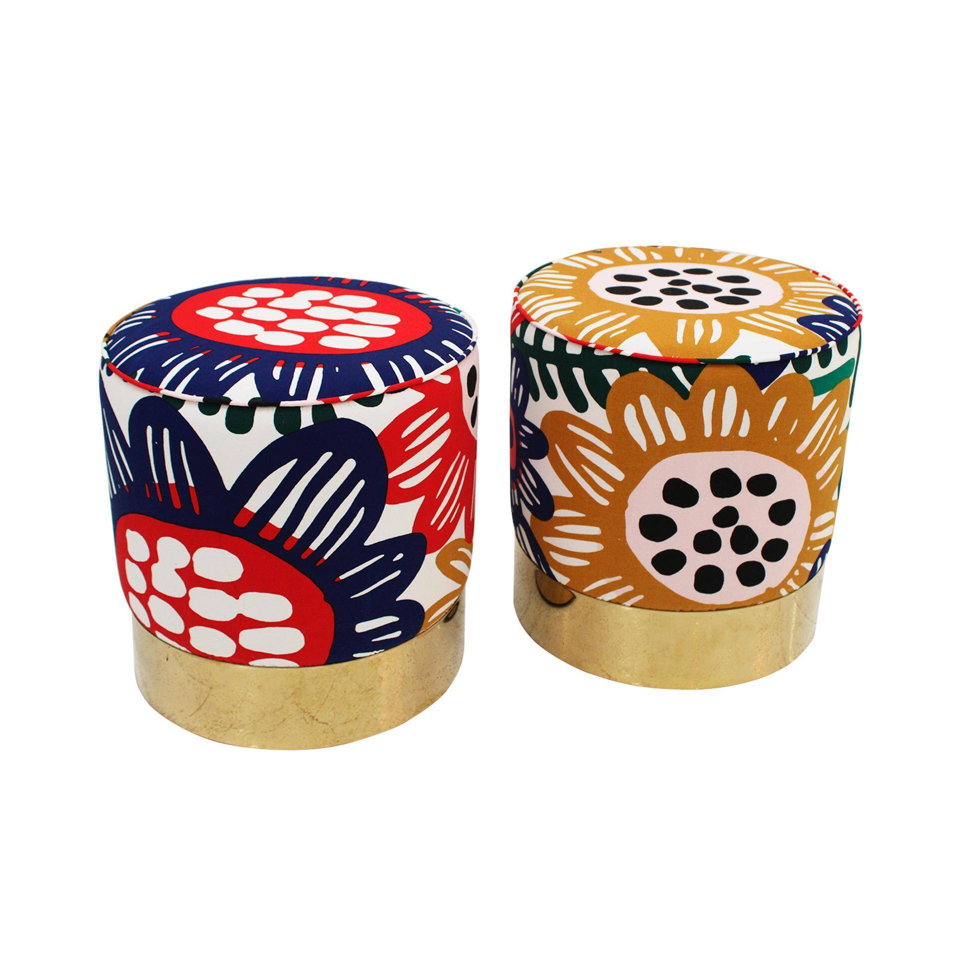 Contemporary Multicolour Floral-patterned Fabric Italian Pair of Circular Poufs