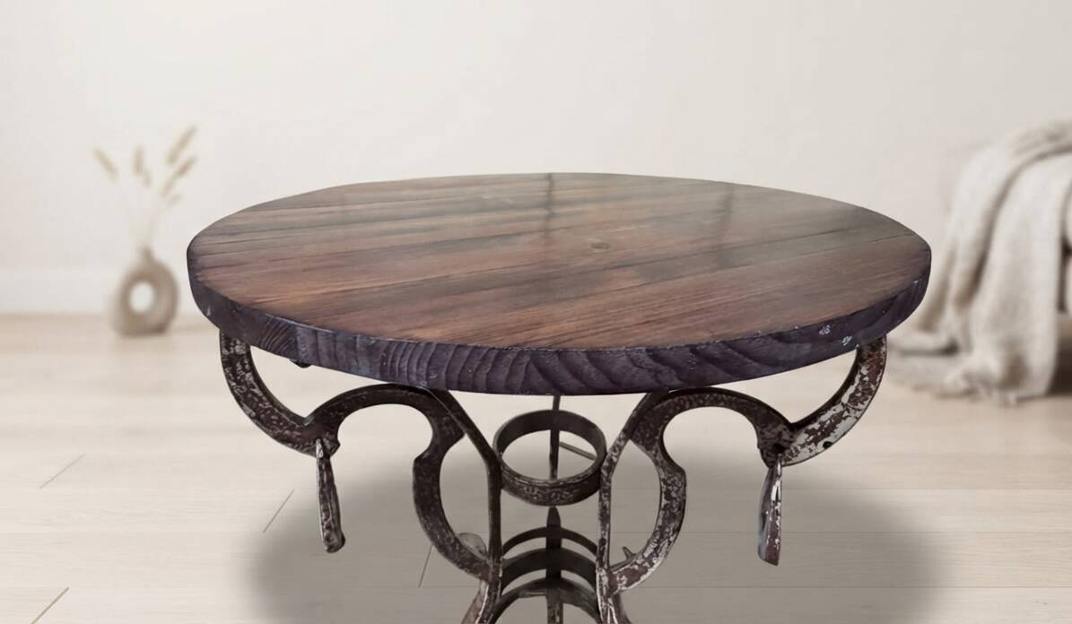 Handmade round side table with wrought iron base, circa 1980s, Czechoslovakia, 67 × 50 cm