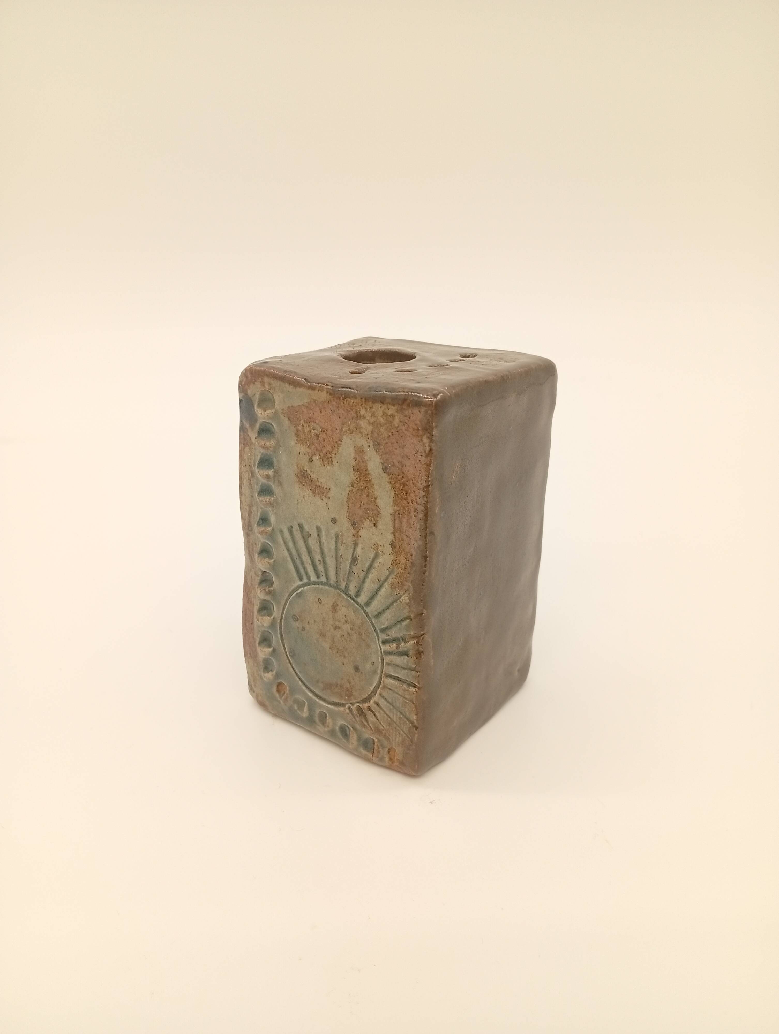 Vintage Ceramic Square Flower Vase Grès Pique Fleurs Scarified France 60