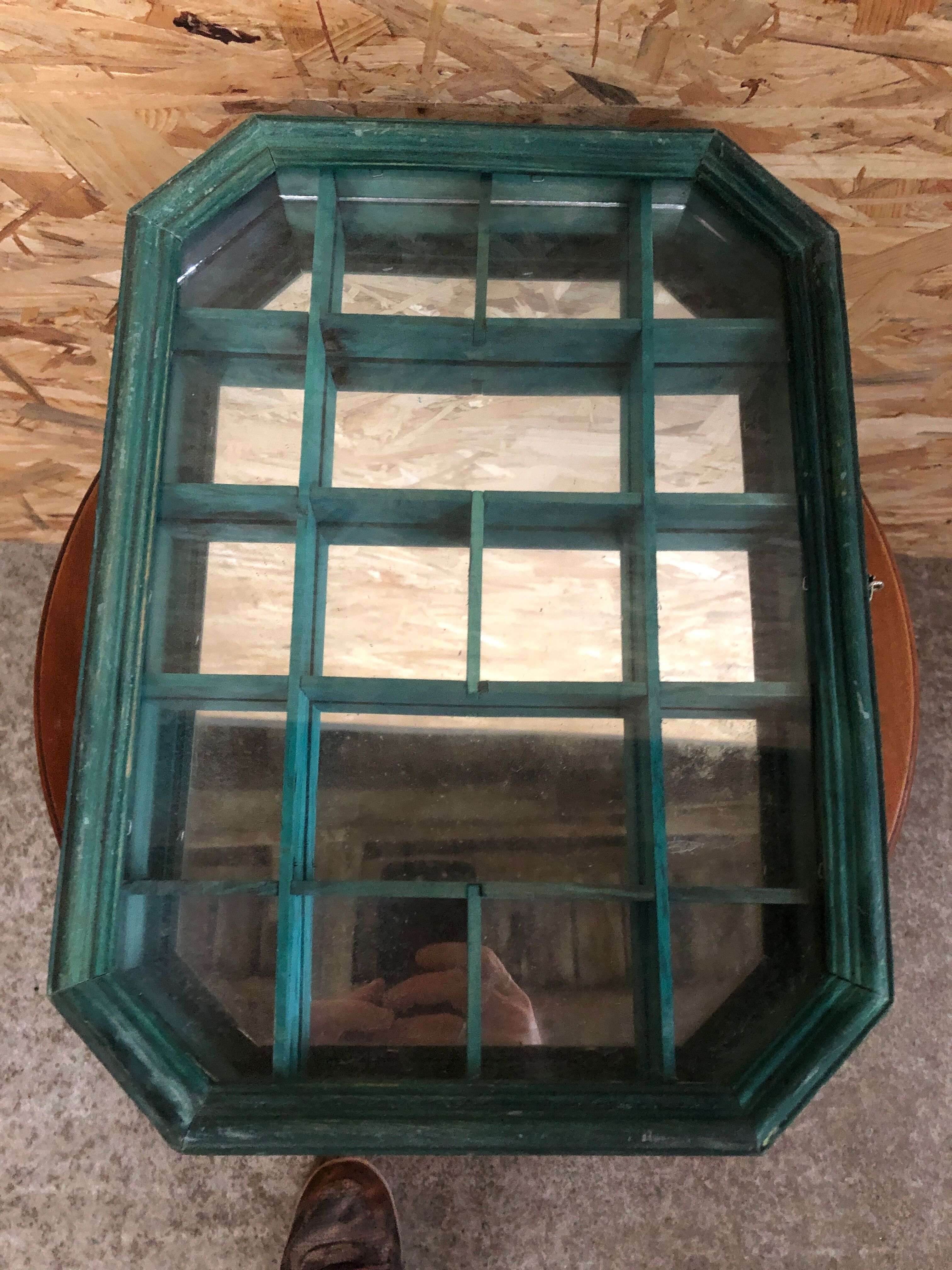 Old hanging showcase 18 green wood boxes + mirror + vintage glass door