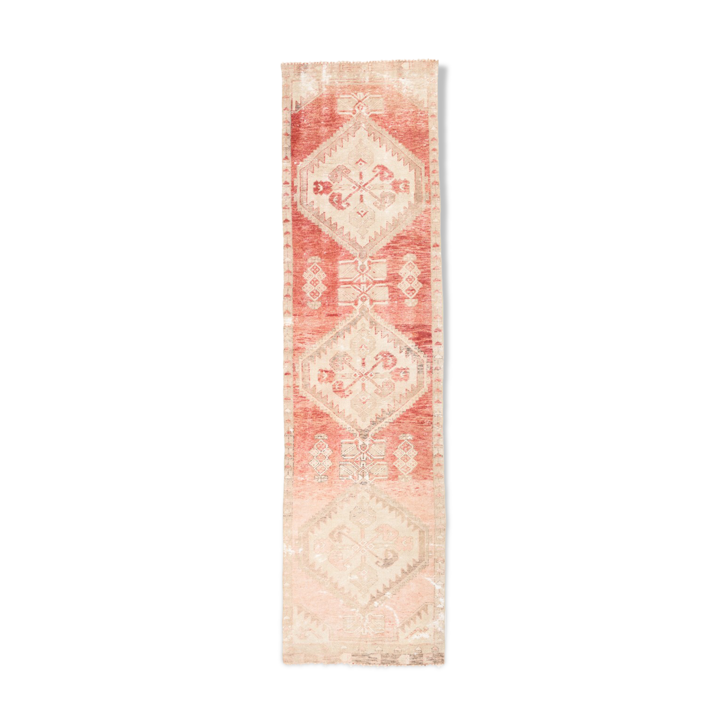 Faded red and beige vintage runner rug 322x85cm