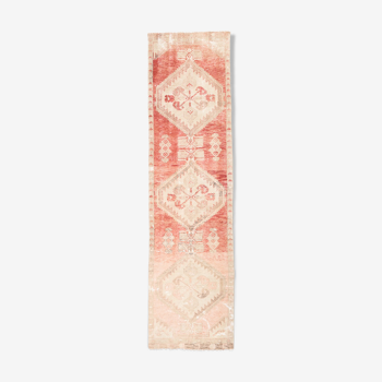 Faded red and beige vintage runner rug 322x85cm