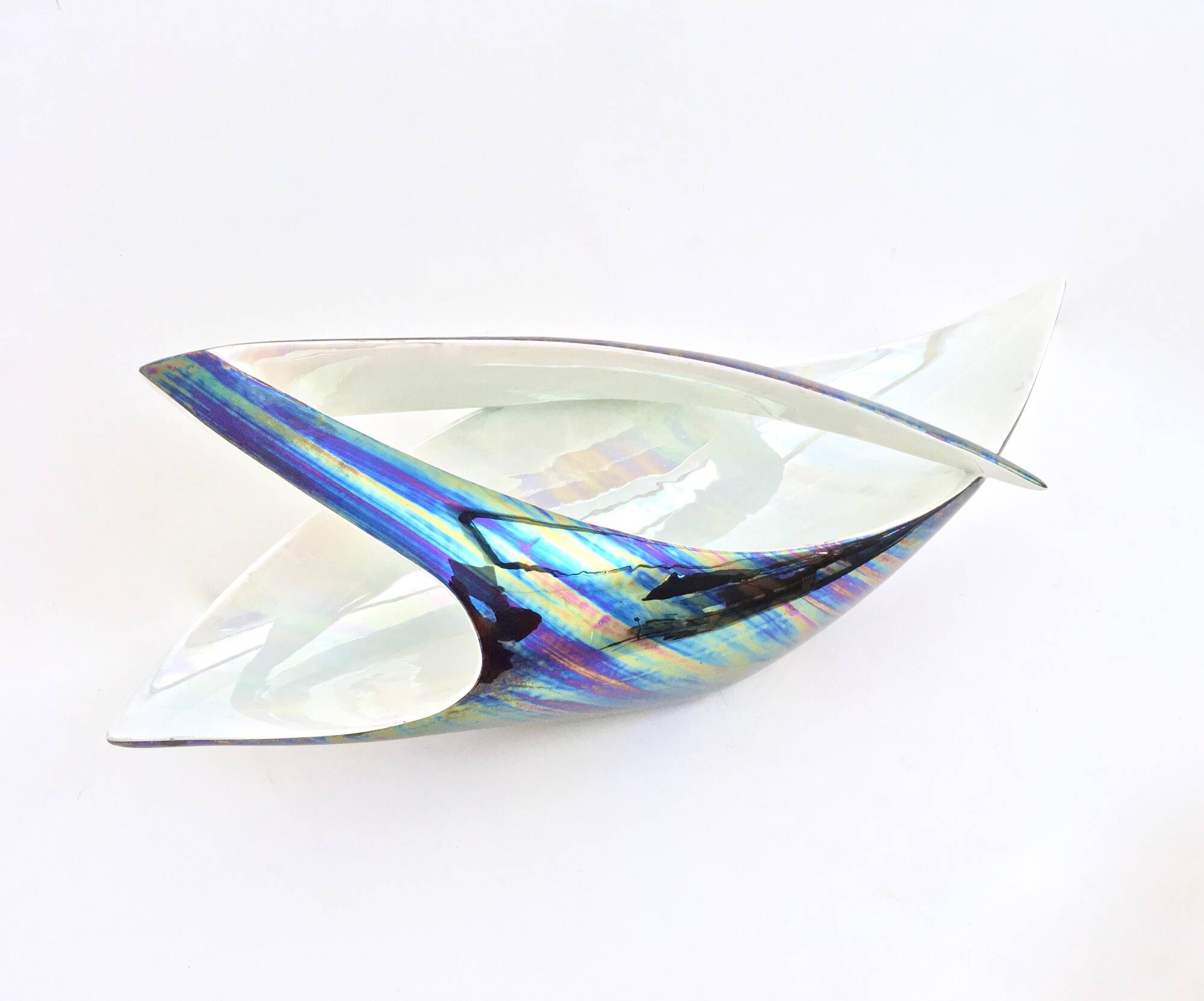 Vintage White and Iridescent Ceramic Bowl or Centerpiece N 6768 by Lusso, Italy