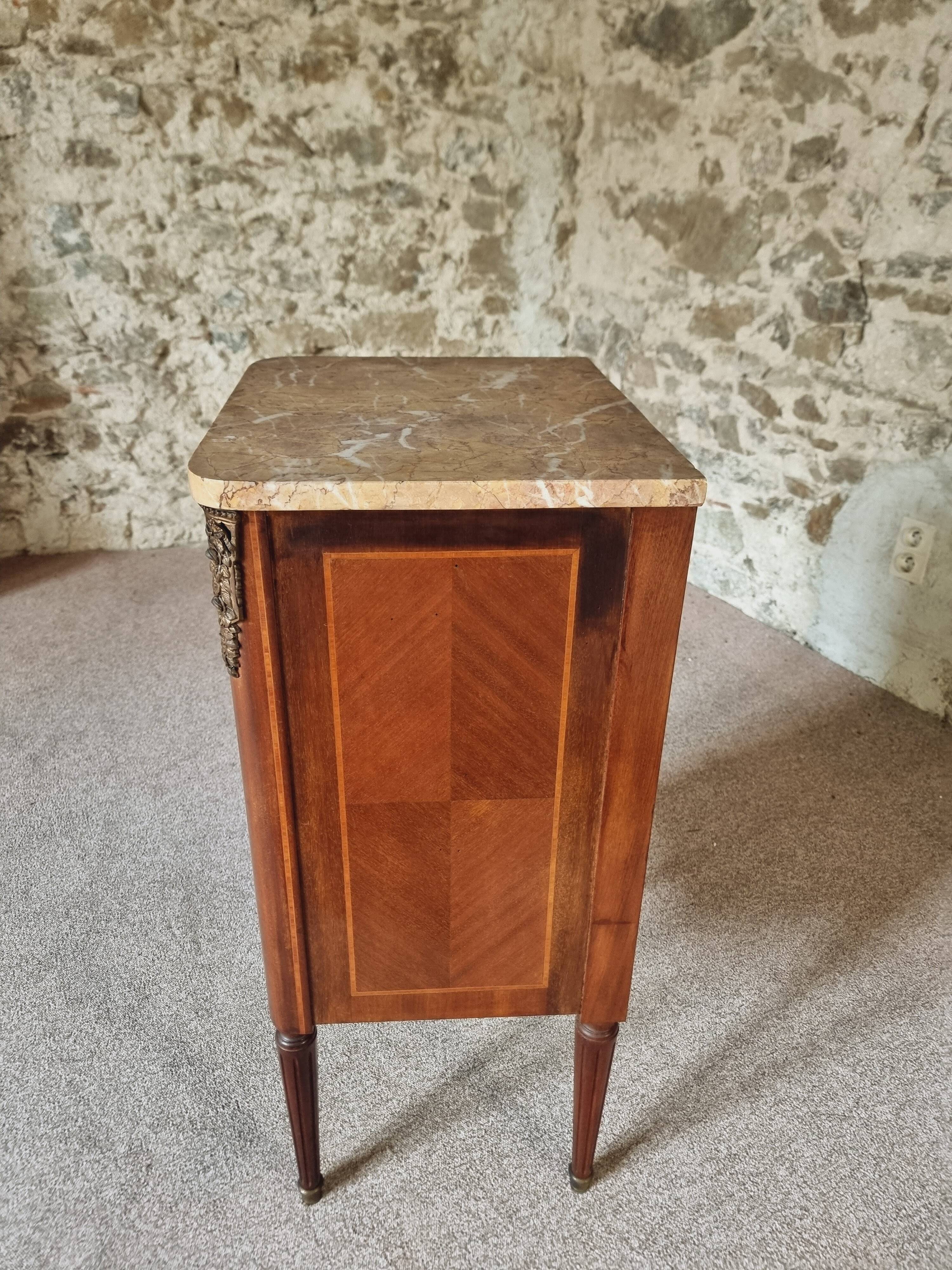 Antique French mahogany and walnut bedside table with marble top