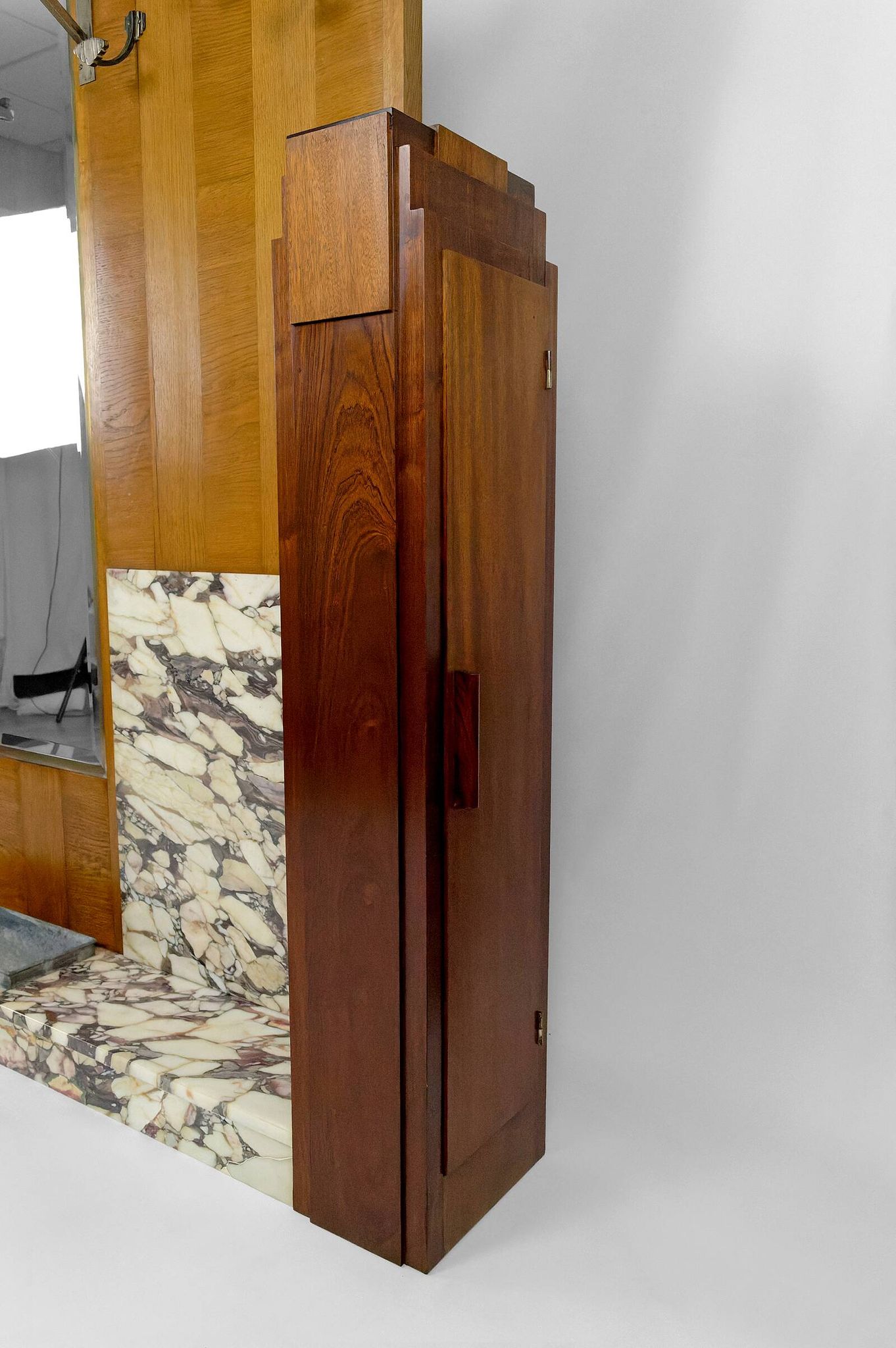 Large Art Deco wardrobe in oak, marble and mahogany, circa 1925