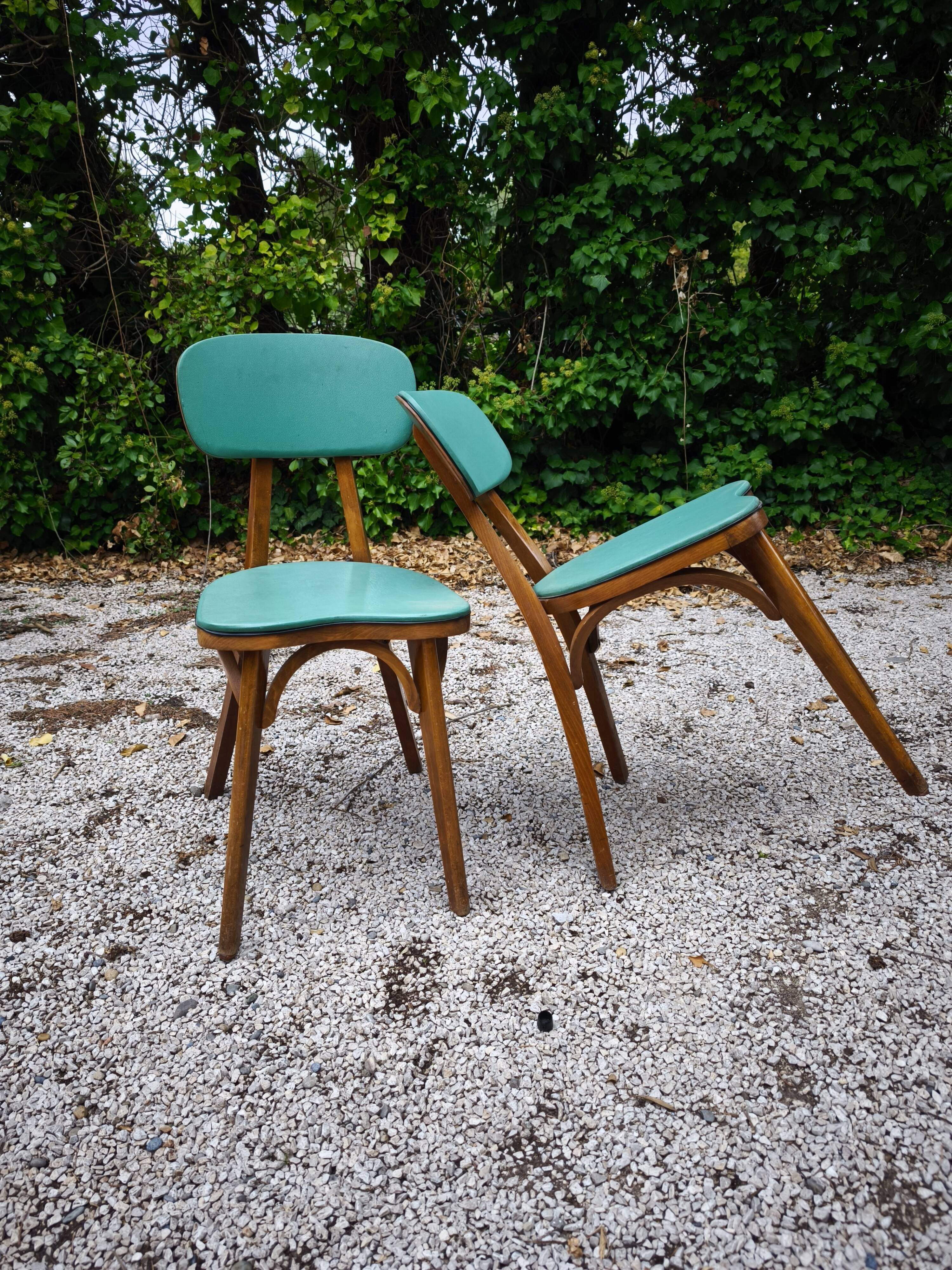 Set of 2 wooden/green chairs