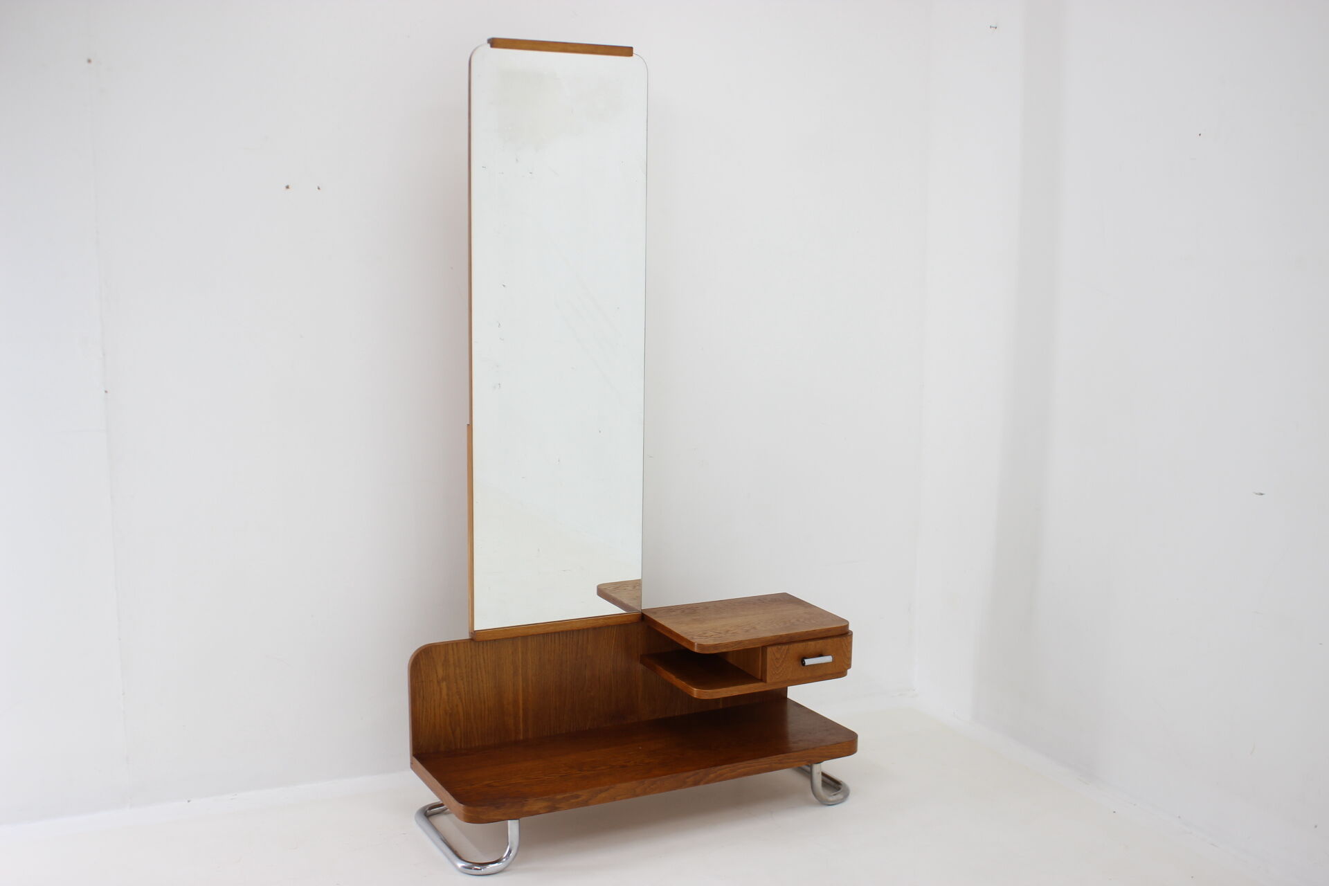 1950s Set of  Oak Bauhaus Mirror Cabinet and Bedside Tables, Czechoslovakia
