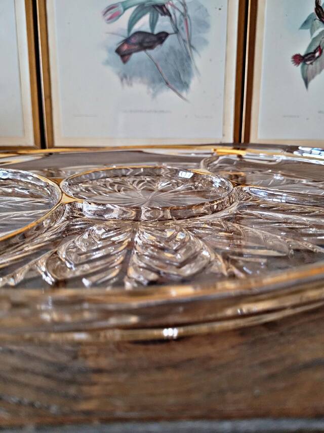 Vintage glass moulded aperitif server with handles and gilding.