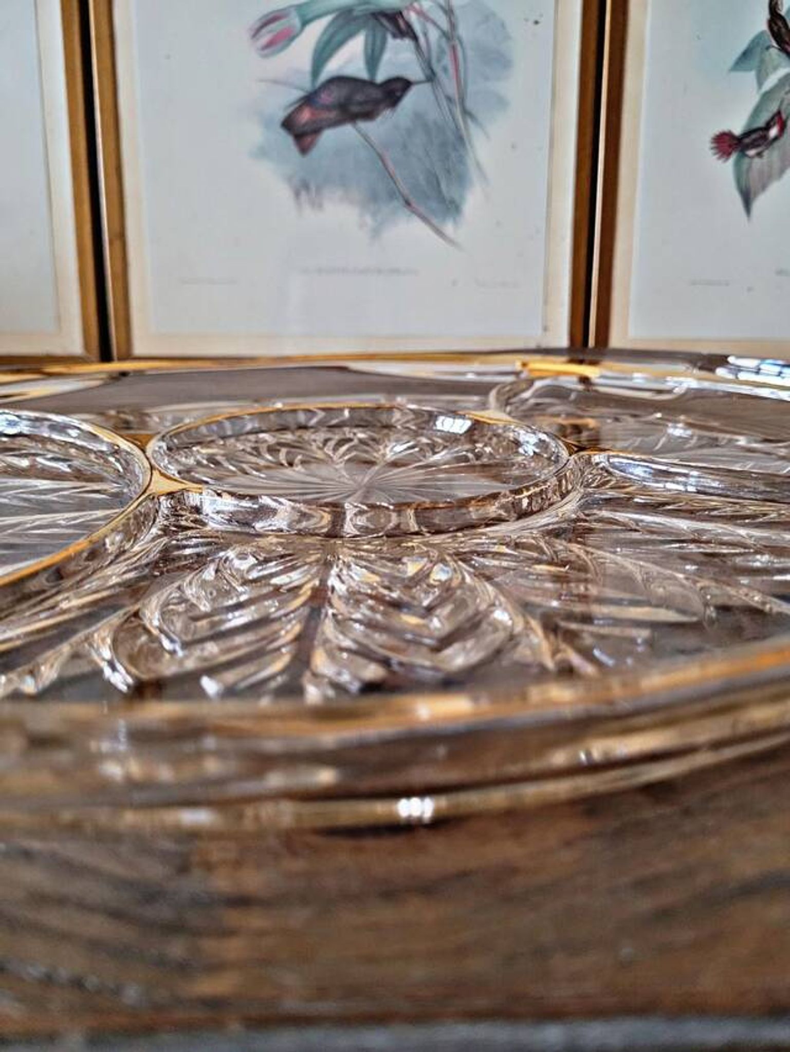 Vintage glass moulded aperitif server with handles and gilding.