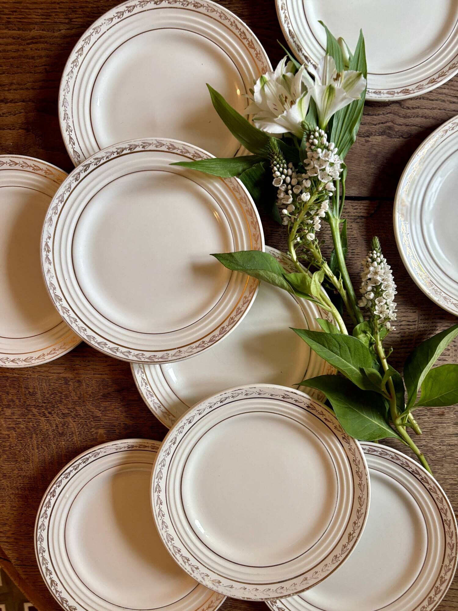 Lot de 12 assiettes à dessert vintage blanches et dorées Céranord