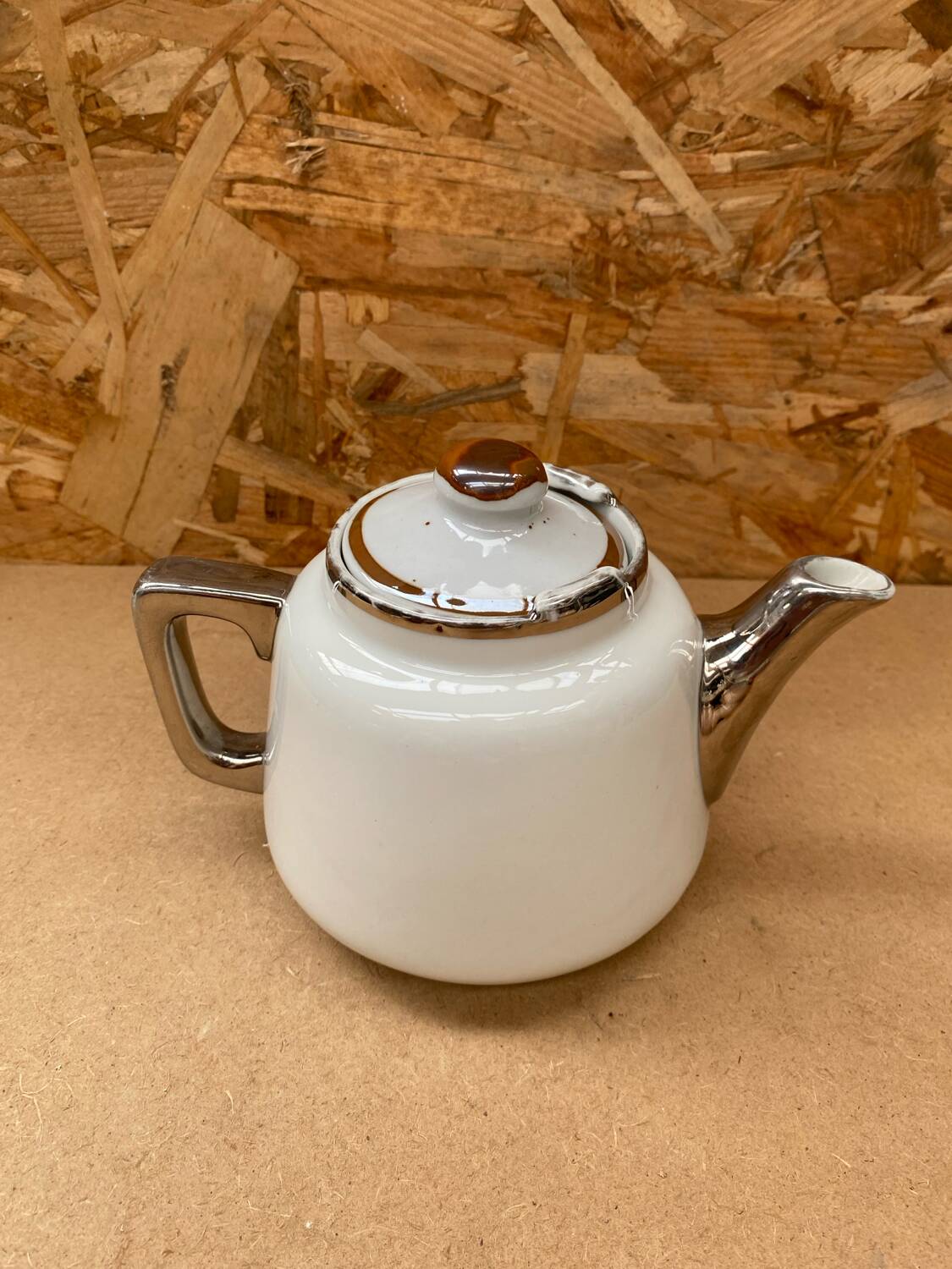 Antique aluminite teapot frugier white & silver ceramic vintage