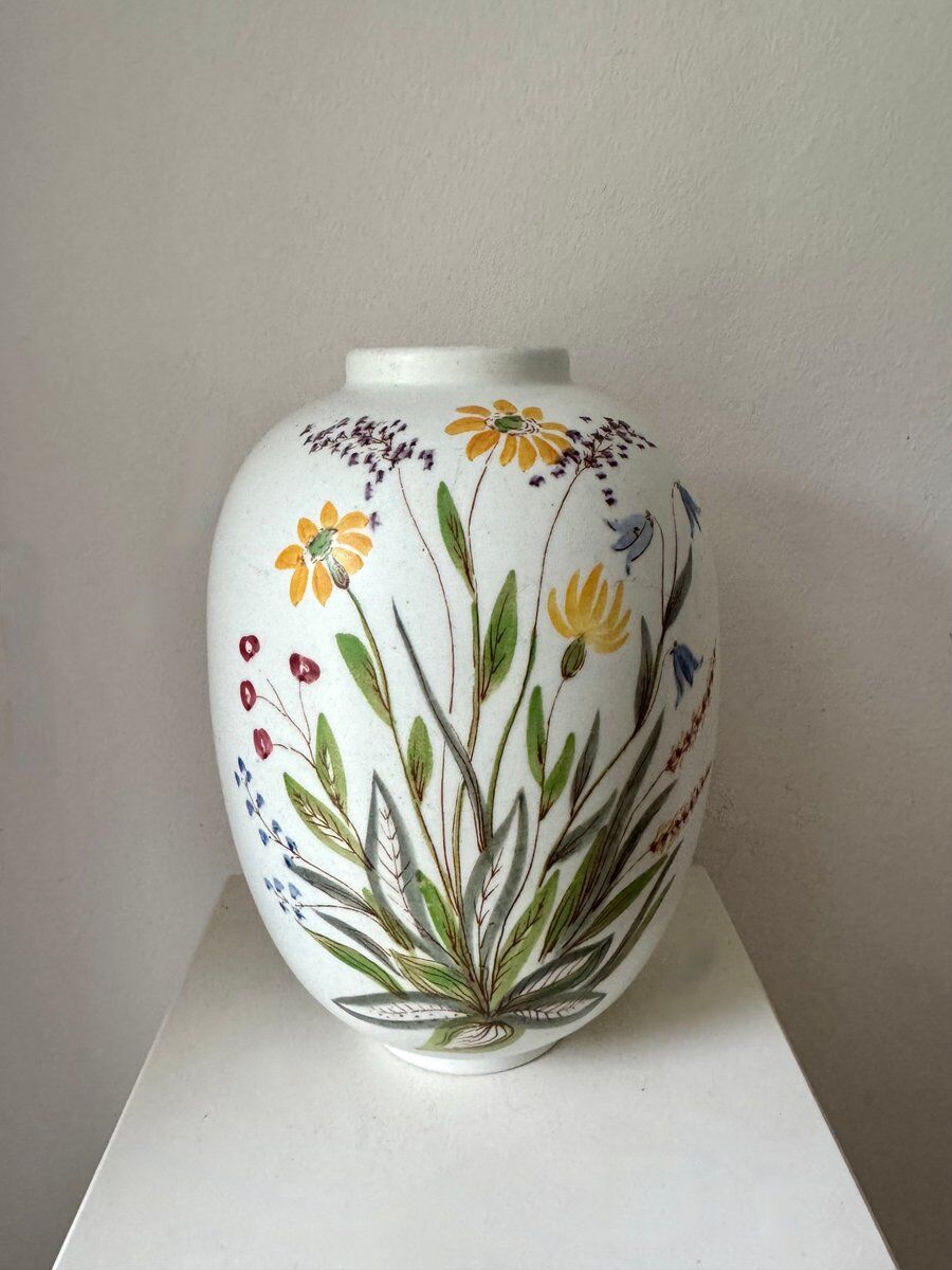 Ceramic vase with hand-painted wildflowers by Lars Thorén for Rörstrand, 1960s