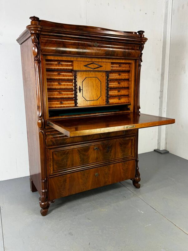 Bureau secrétaire en chêne et acajou Biedermeier vintage bien fait, 1860