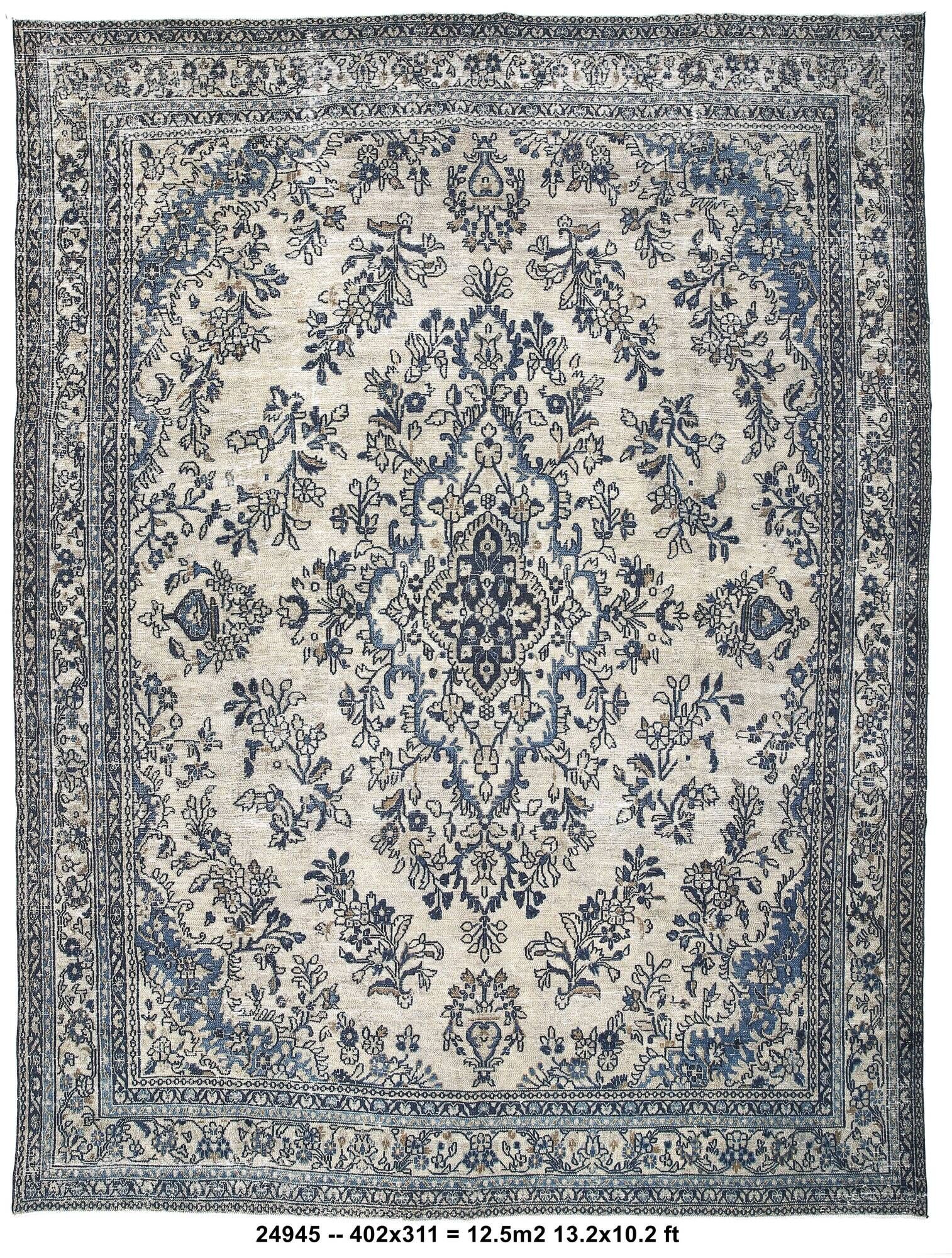 10x13 Navy Blue & Taupe Large Persian Rug, Handmade Wool Carpet, 311x402Cm