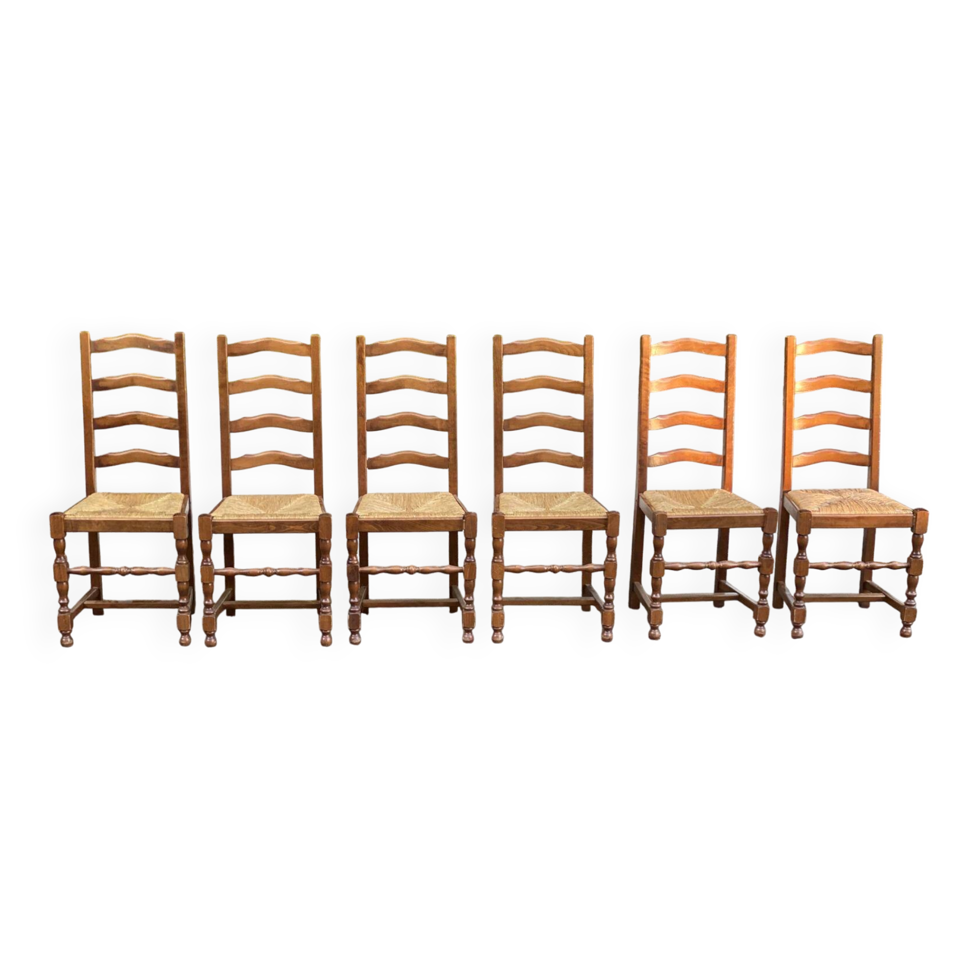 6 solid oak and straw chairs, high back, 102cm
