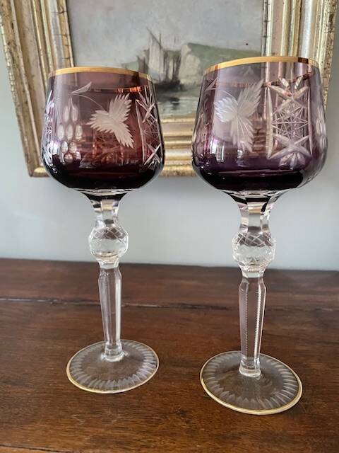 2 large cut and coloured Bohemian crystal glasses