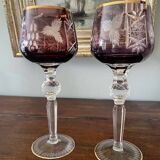 2 large cut and coloured Bohemian crystal glasses