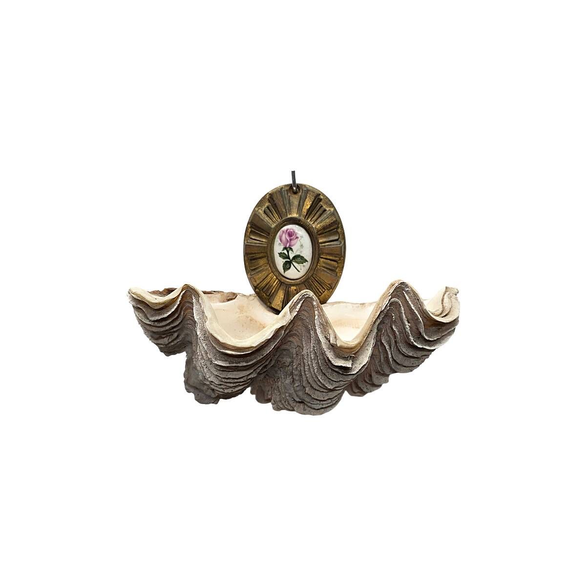Antique French holy water holder with shell, late 1800s