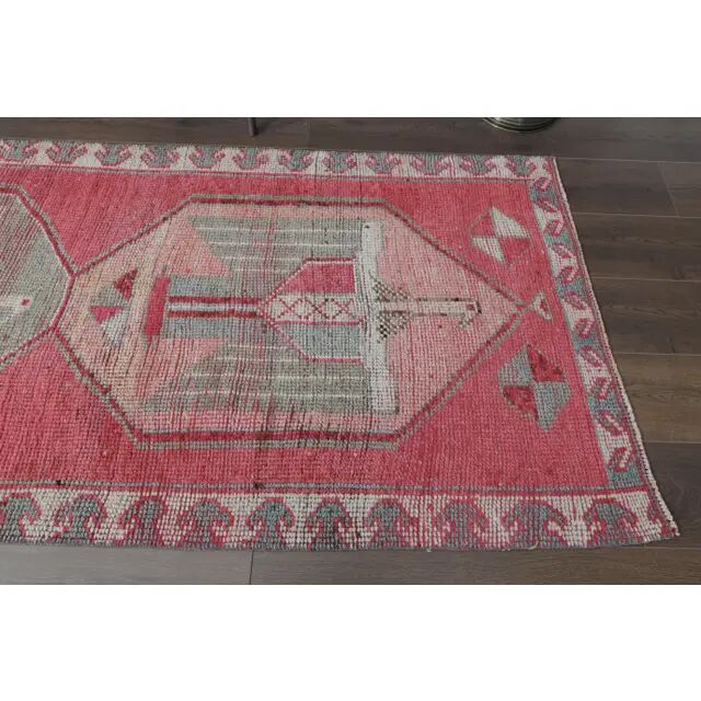 1970s Vintage Turkish Oushak Handmade Wool Cotton Pink Runner Rug 96x303