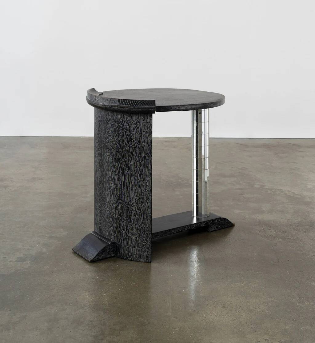 Vintage ebonised oak and mirror mosaic pedestal table