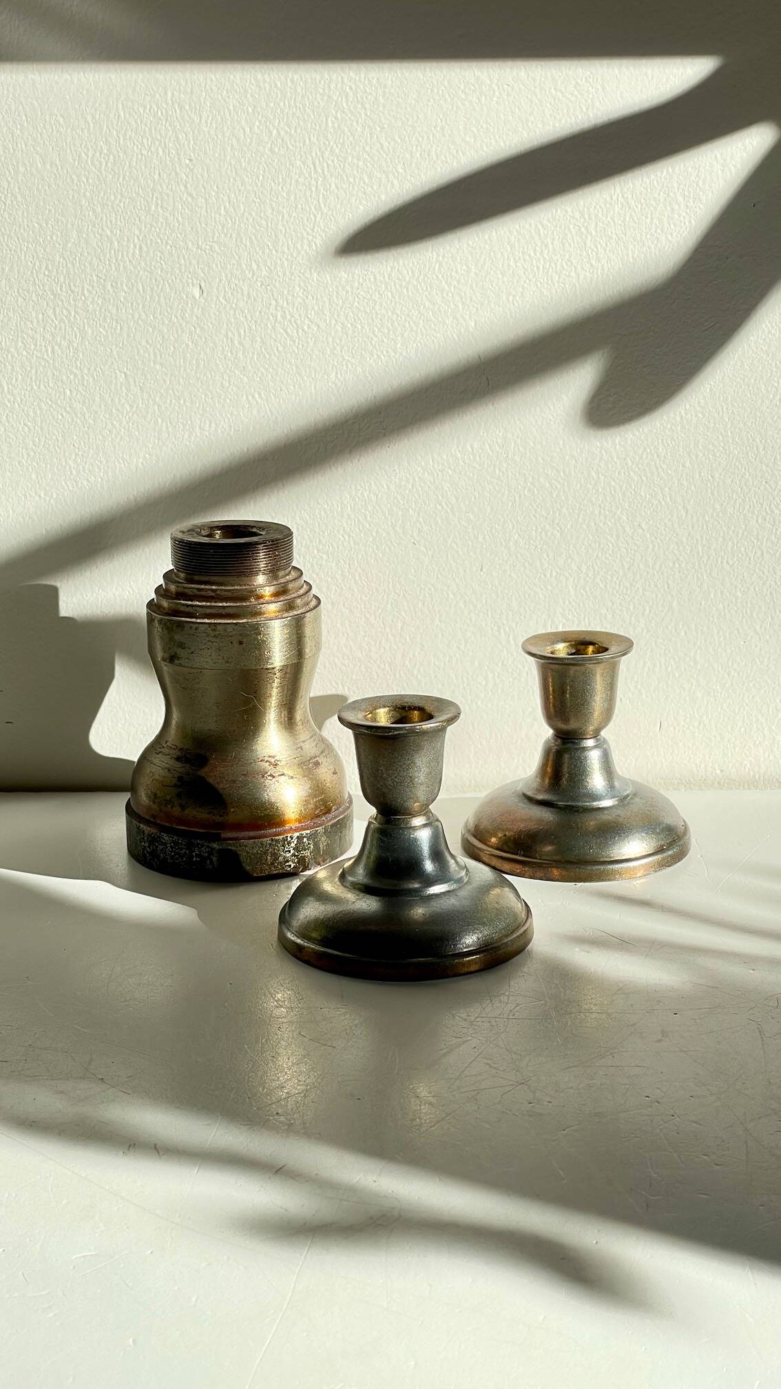 Industrial candle holders steel and silver bronze vintage