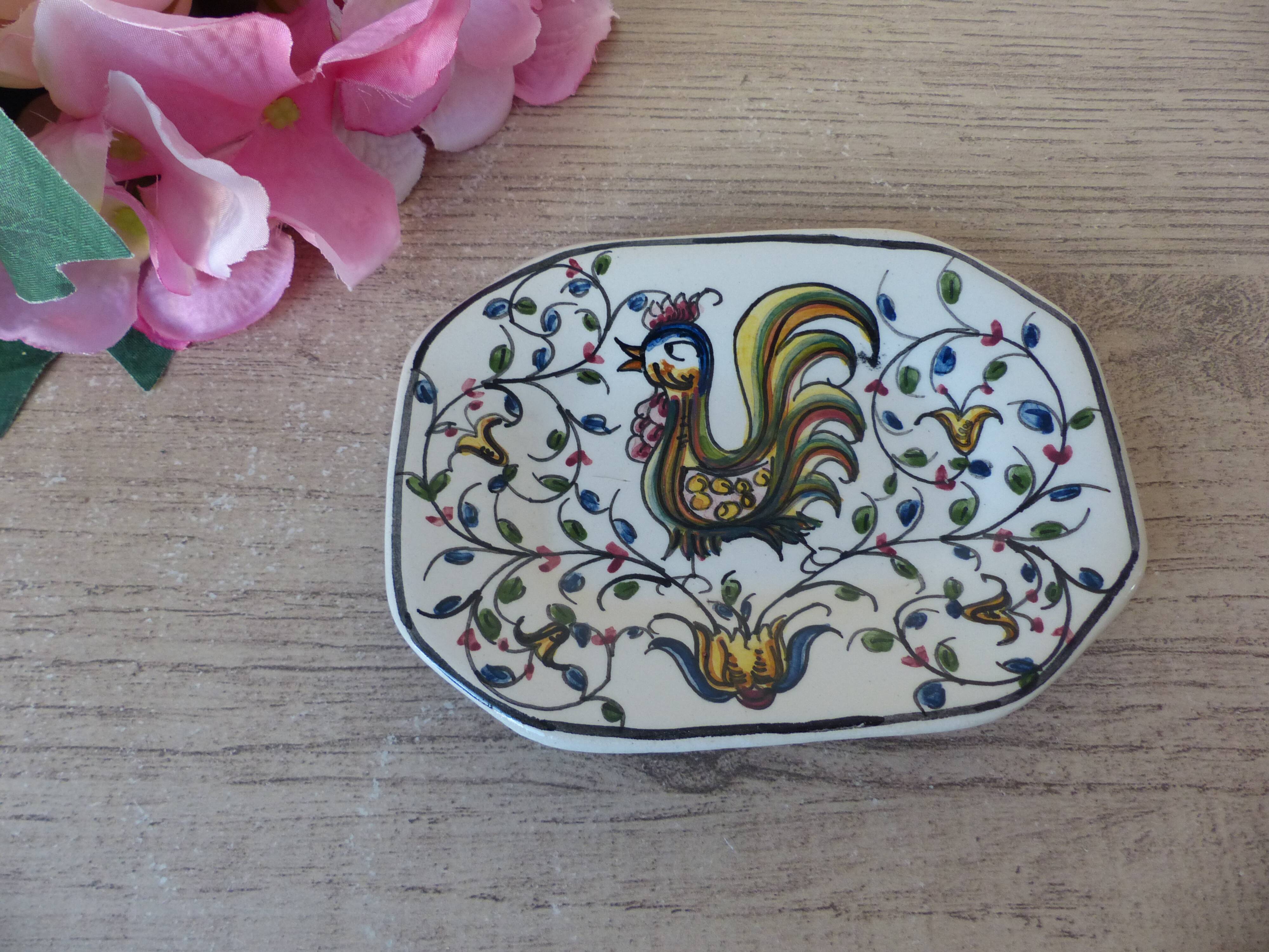 Antique small ceramic pocket emptier with Almeida rooster motif, signed and hand-painted