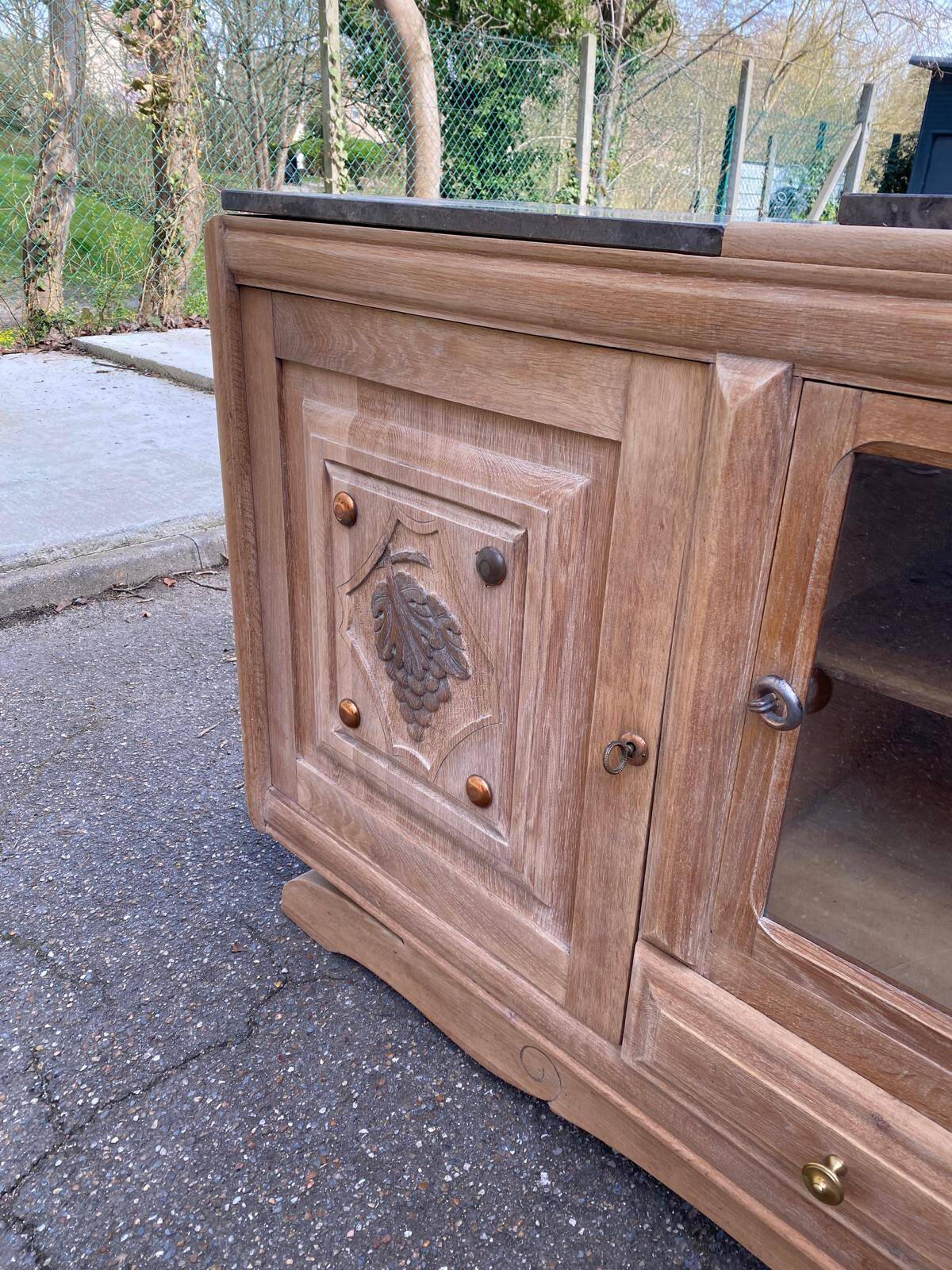 Renovated art deco sideboard in solid raw oak and gray marble 186cm