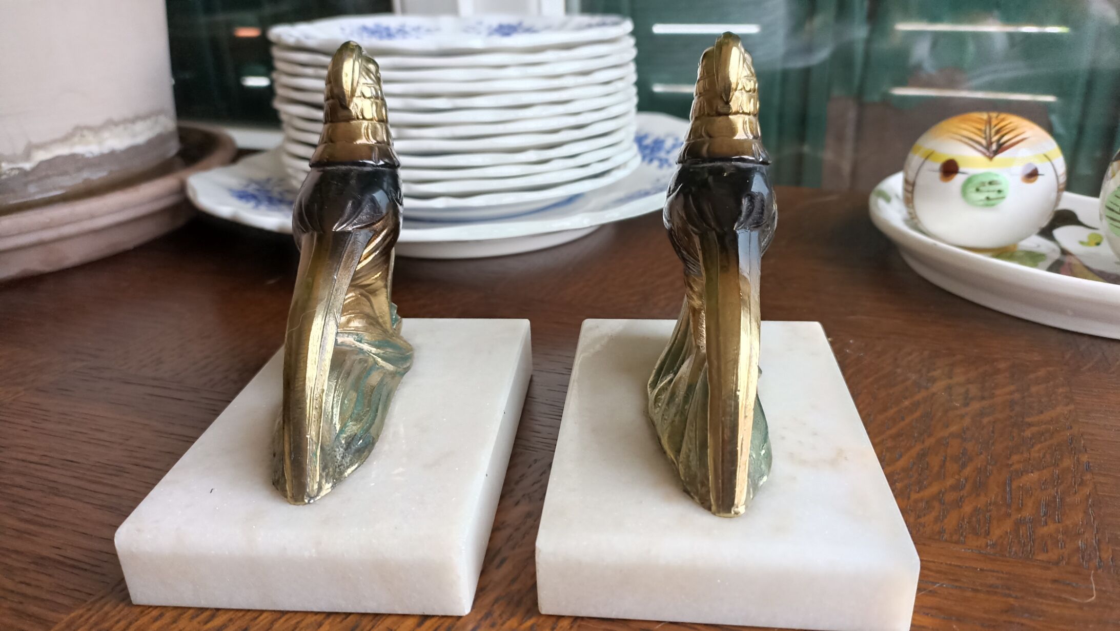 Marble and zinc art bookends - Pheasants